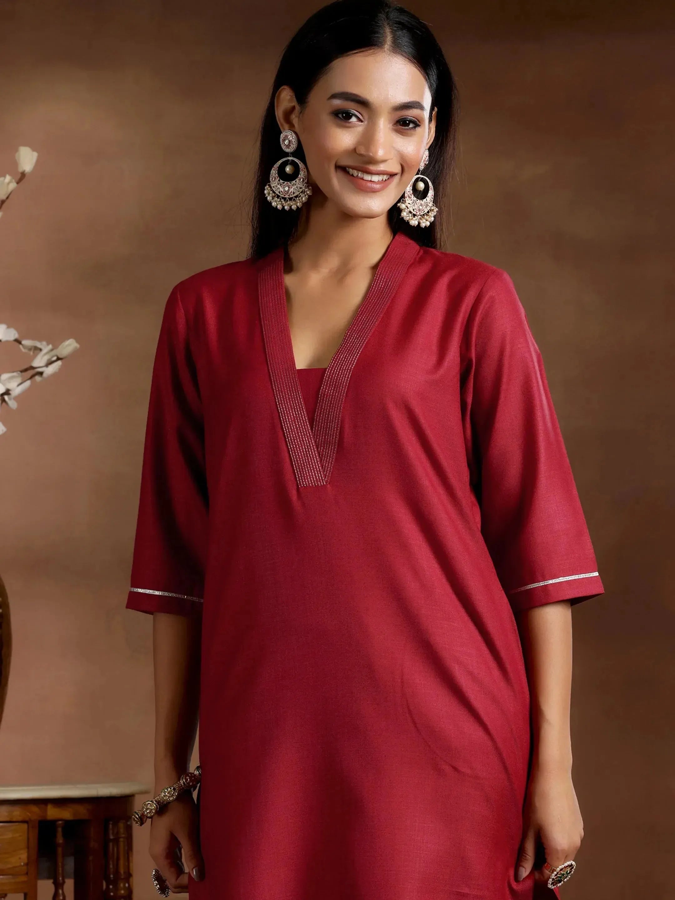 Maroon Solid Cotton Blend Straight Suit With Dupatta