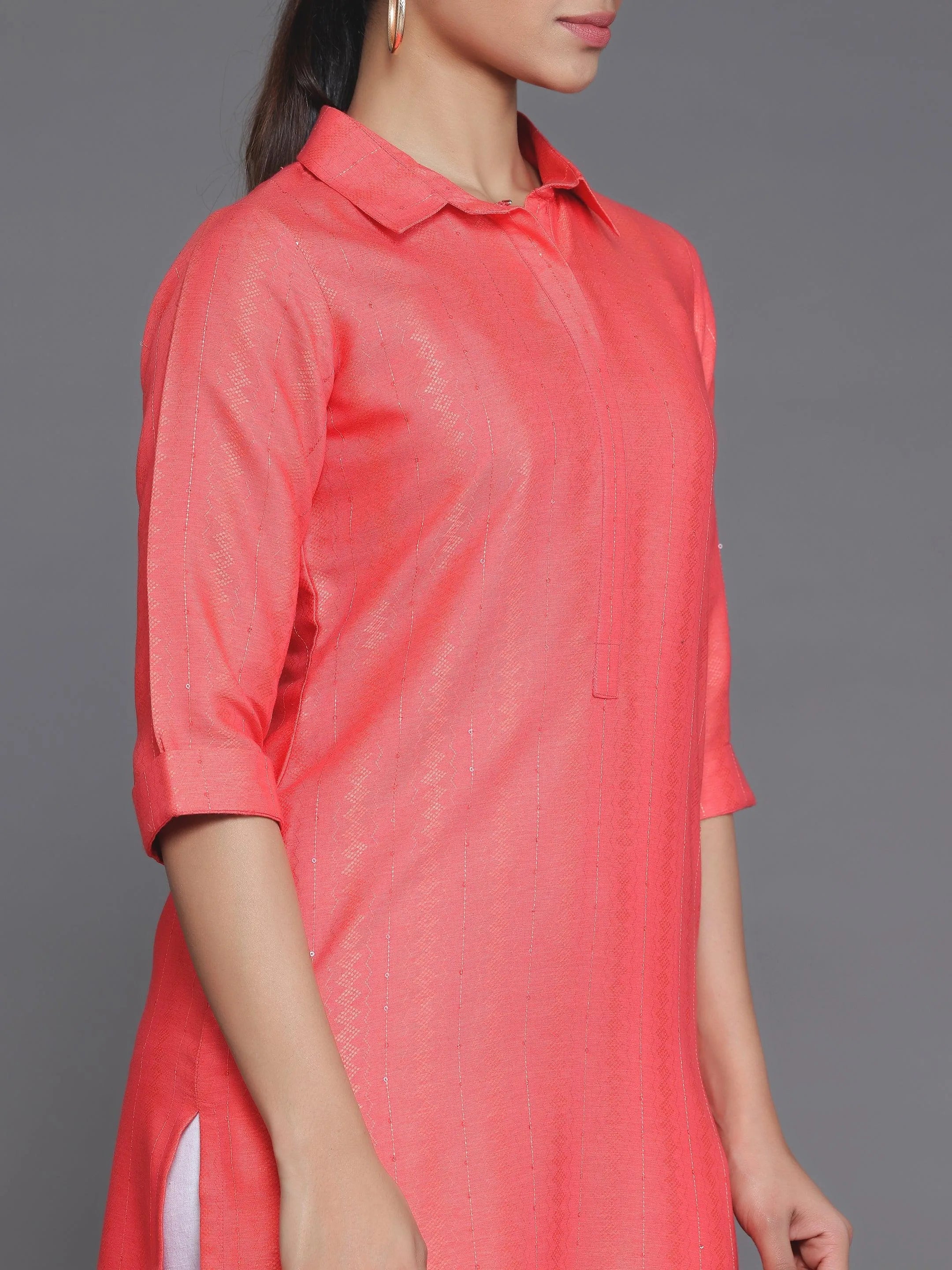 Coral Woven Design Cotton Straight Kurta - Libas