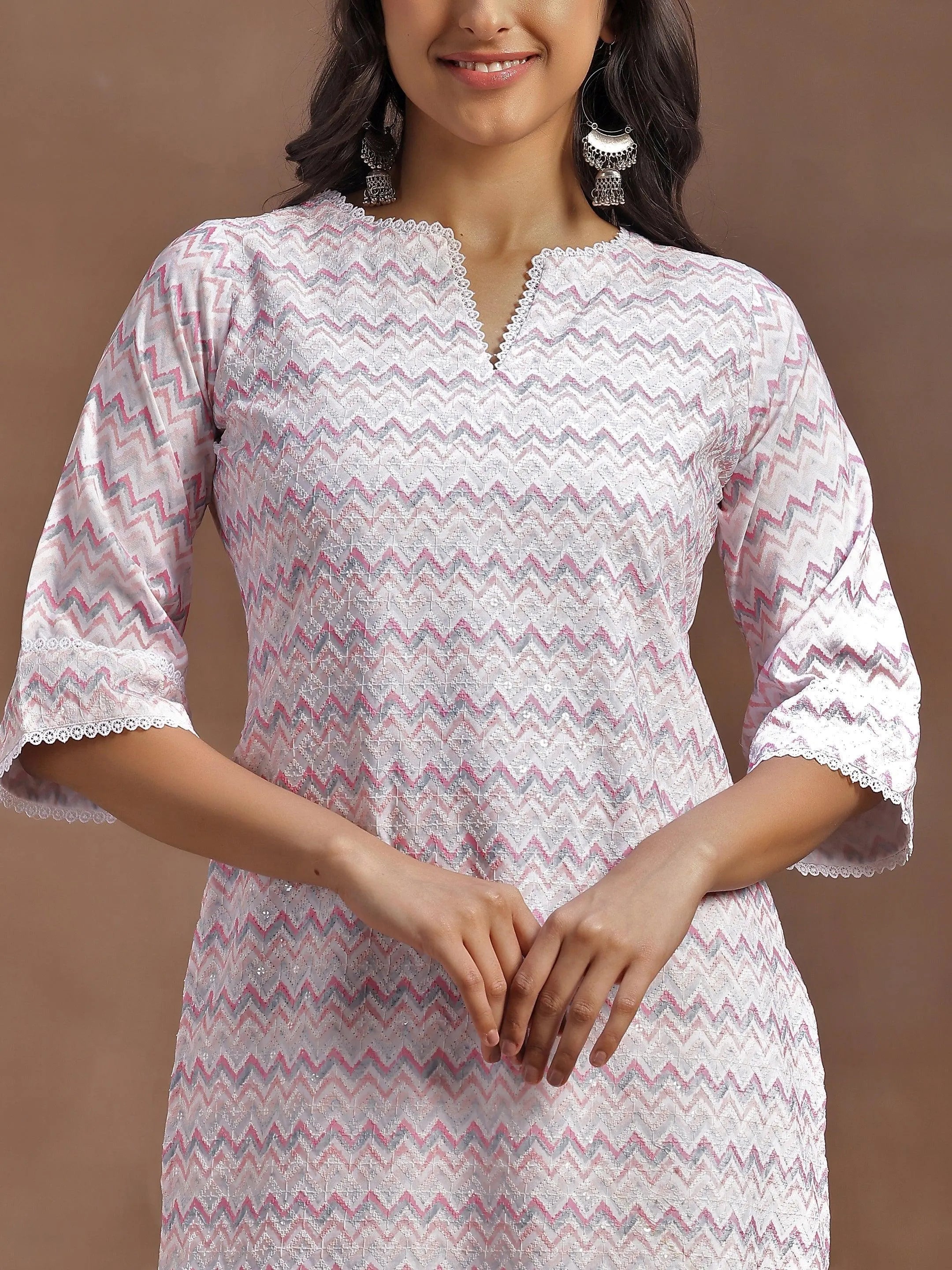 Pink Embroidered Cotton Blend Straight Suit With Dupatta