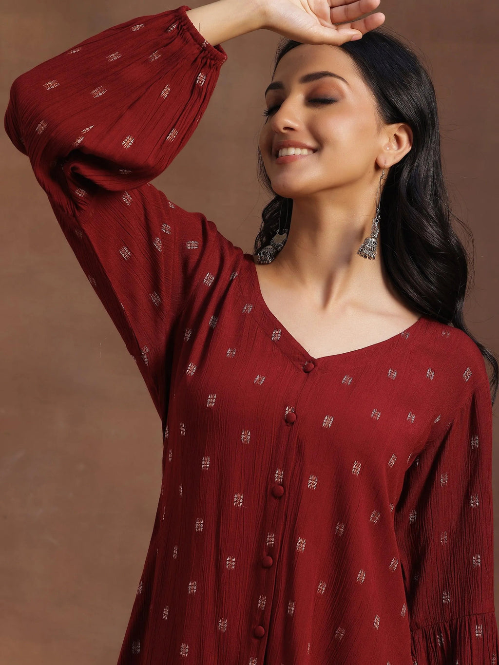 Maroon Woven Design Viscose Rayon A-line Kurti