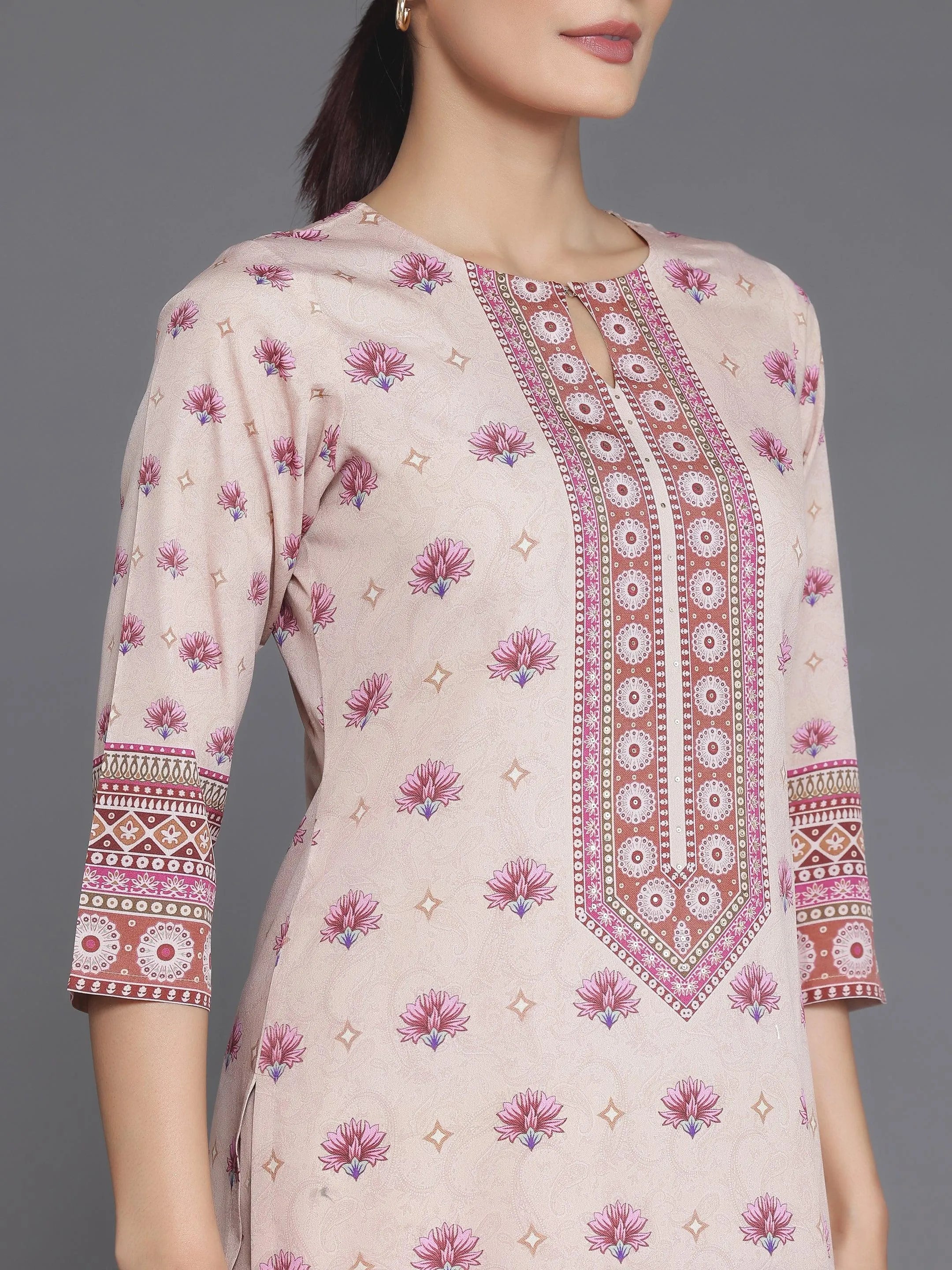 Peach Printed Poly Crepe Straight Suit With Dupatta