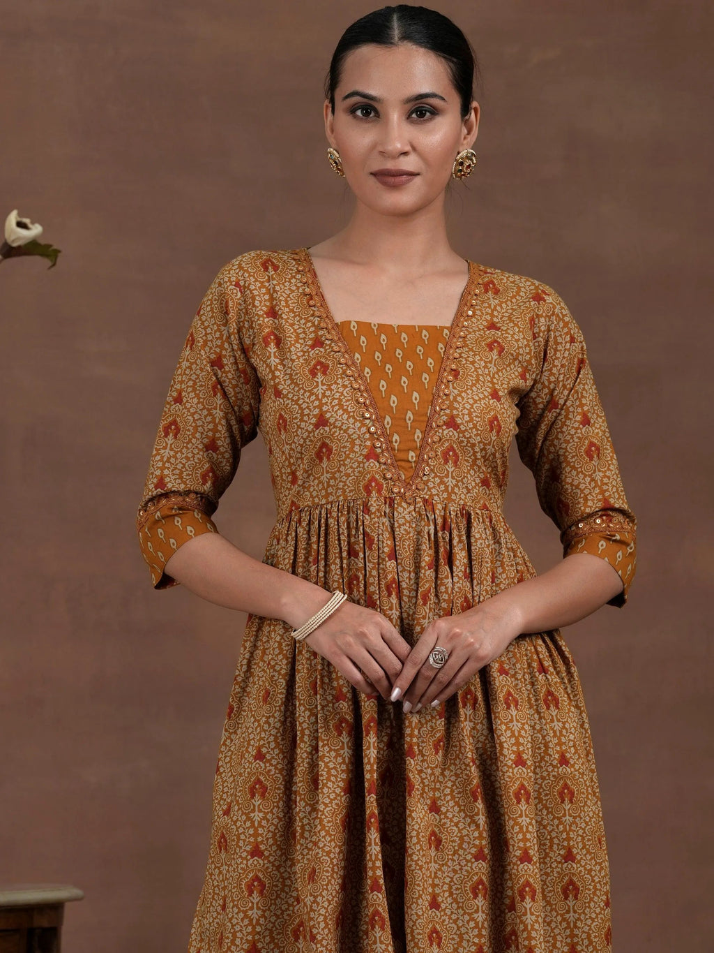 Mustard Printed Cotton A-Line Kurta With Palazzos