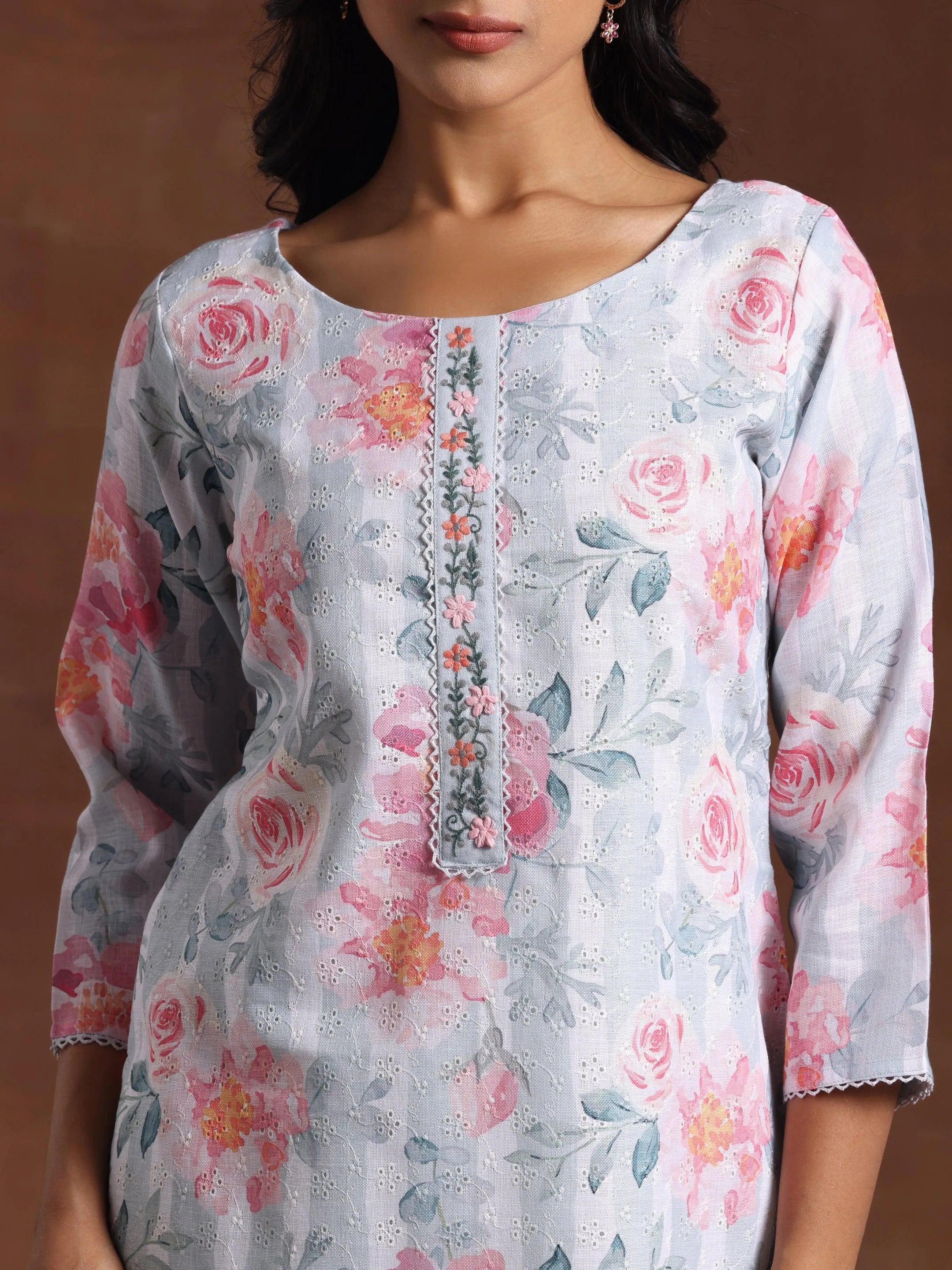 Grey Printed Cotton Blend Straight Suit With Dupatta