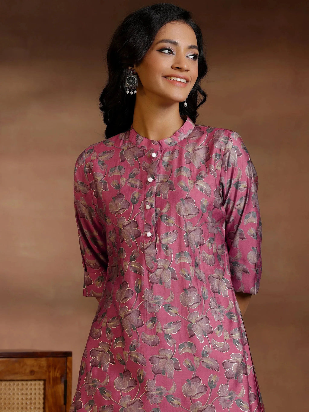 Mauve Printed Silk Blend Straight Kurti