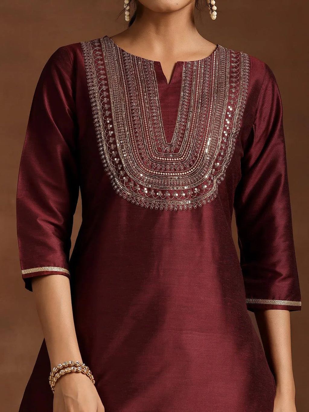 Maroon Yoke Design Silk Blend Straight Kurta Set