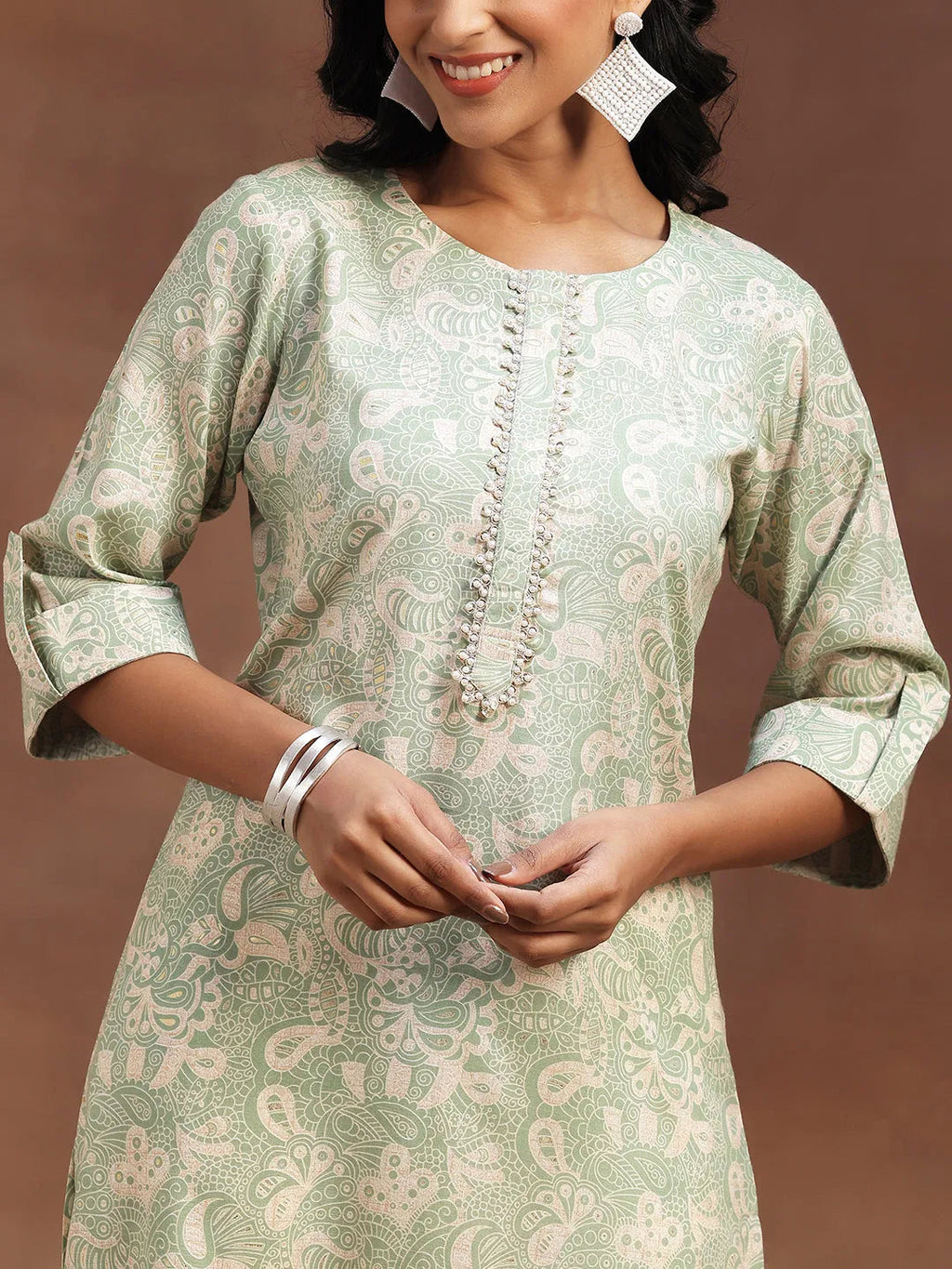 Green Printed Cotton Blend Straight Kurta With Palazzos