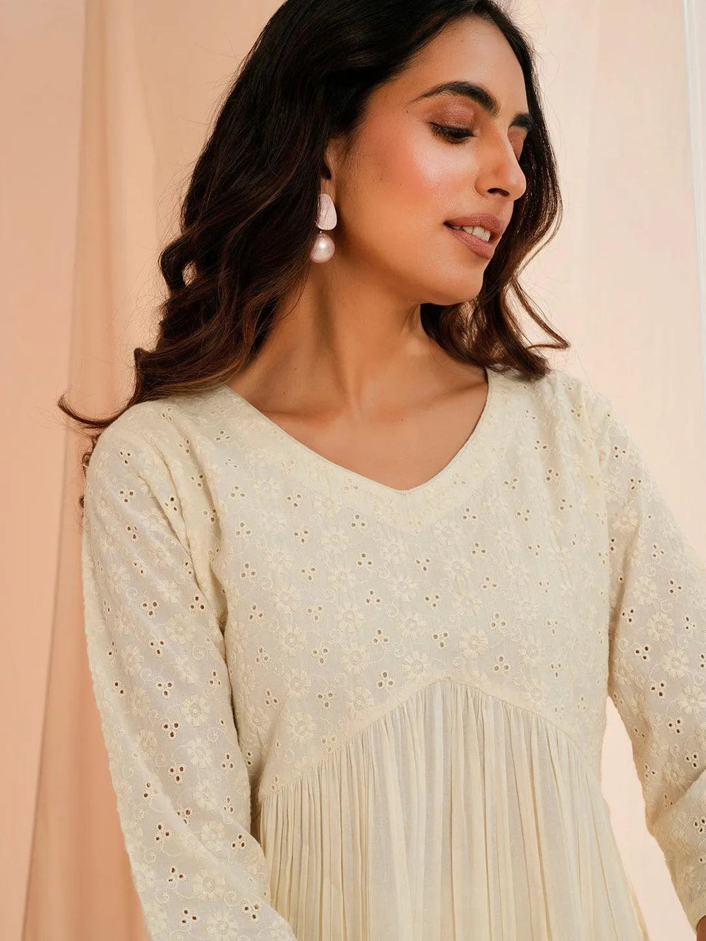 Off White Embroidered Cotton Straight Kurta Set