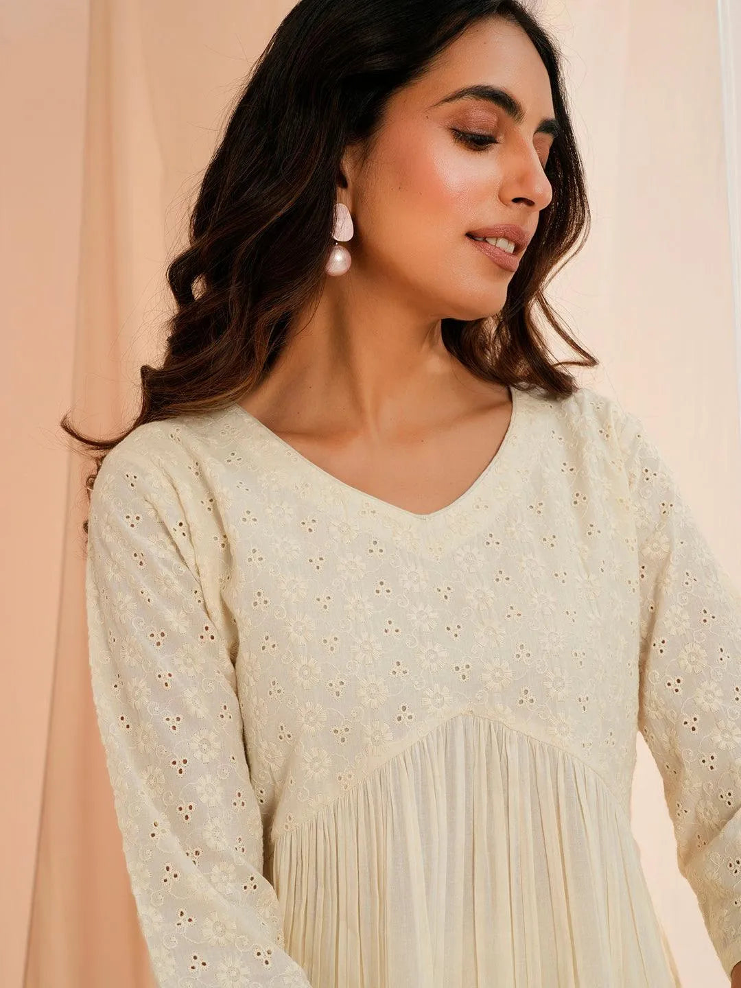 Off White Embroidered Cotton Straight Kurta Set