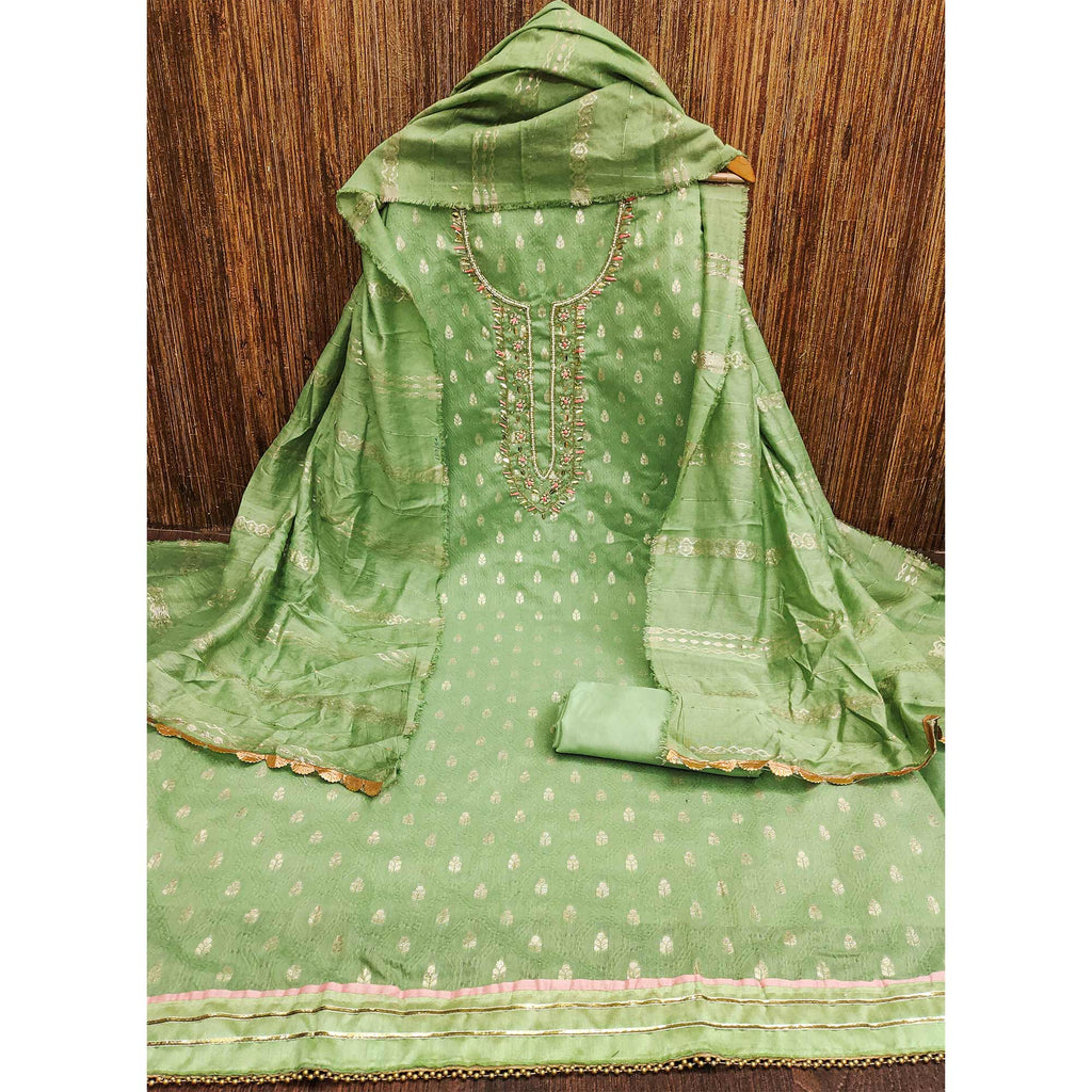 Green Woven With Handwork Jacquard Dress Material