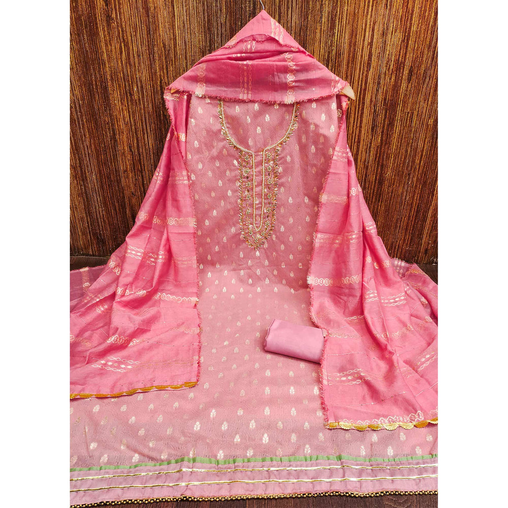 Pink Woven With Handwork Jacquard Dress Material