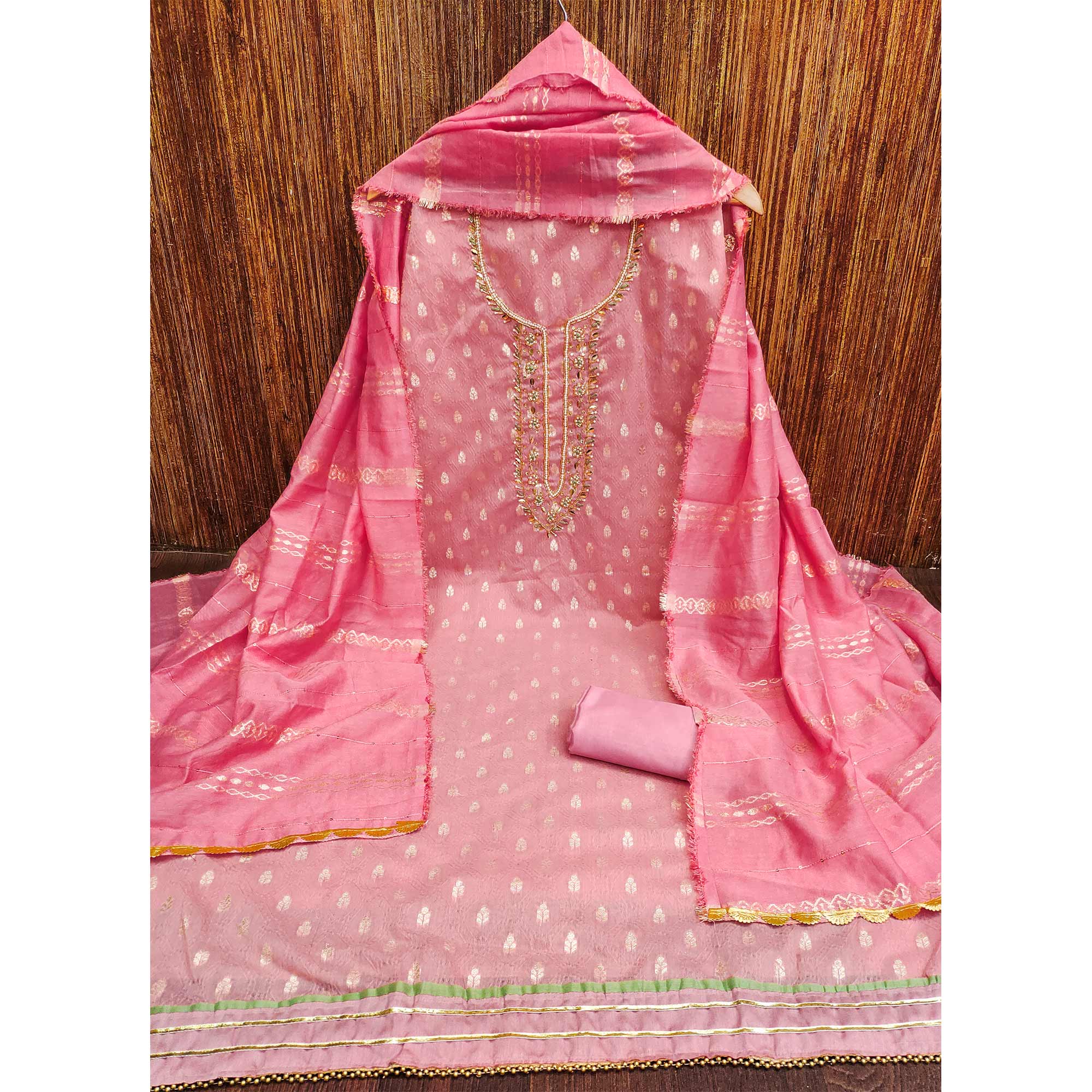 Pink Woven With Handwork Jacquard Dress Material