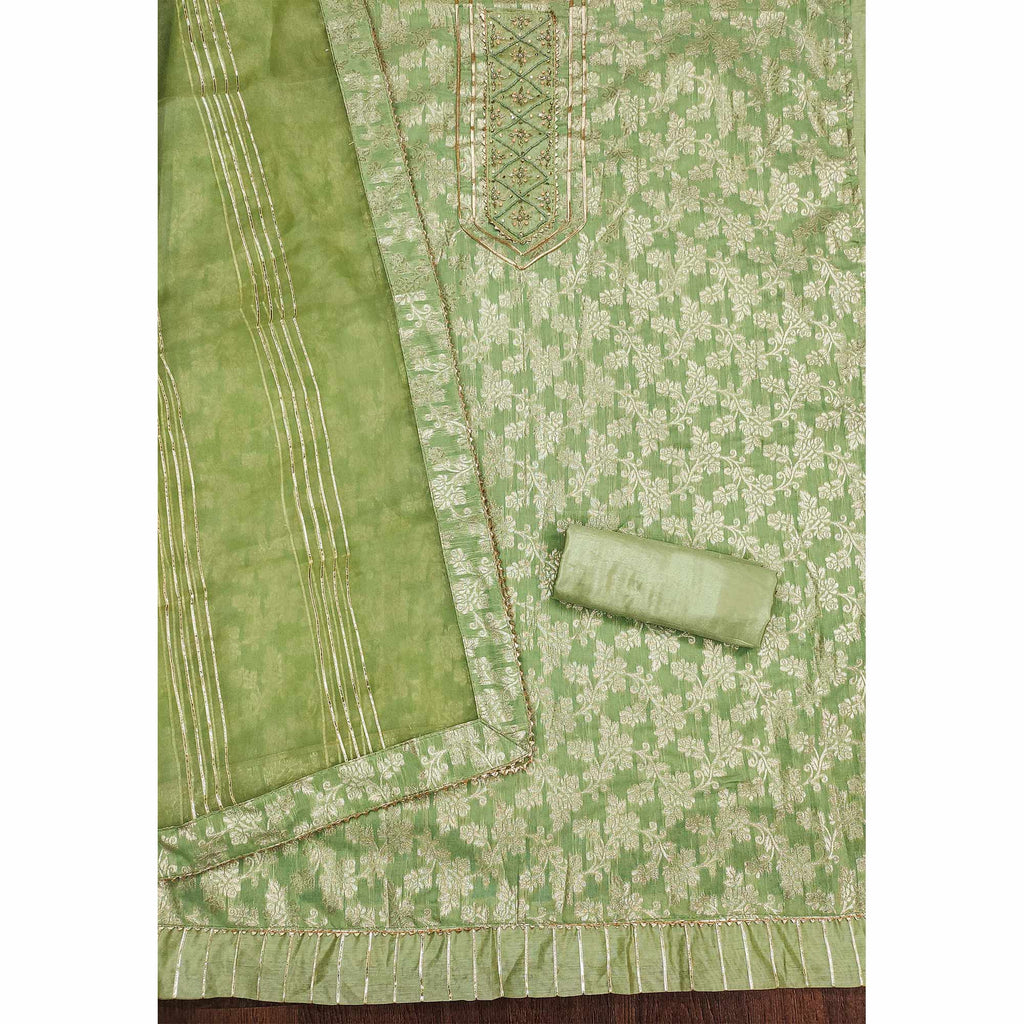 Green Woven With Handwork Jacquard Dress Material