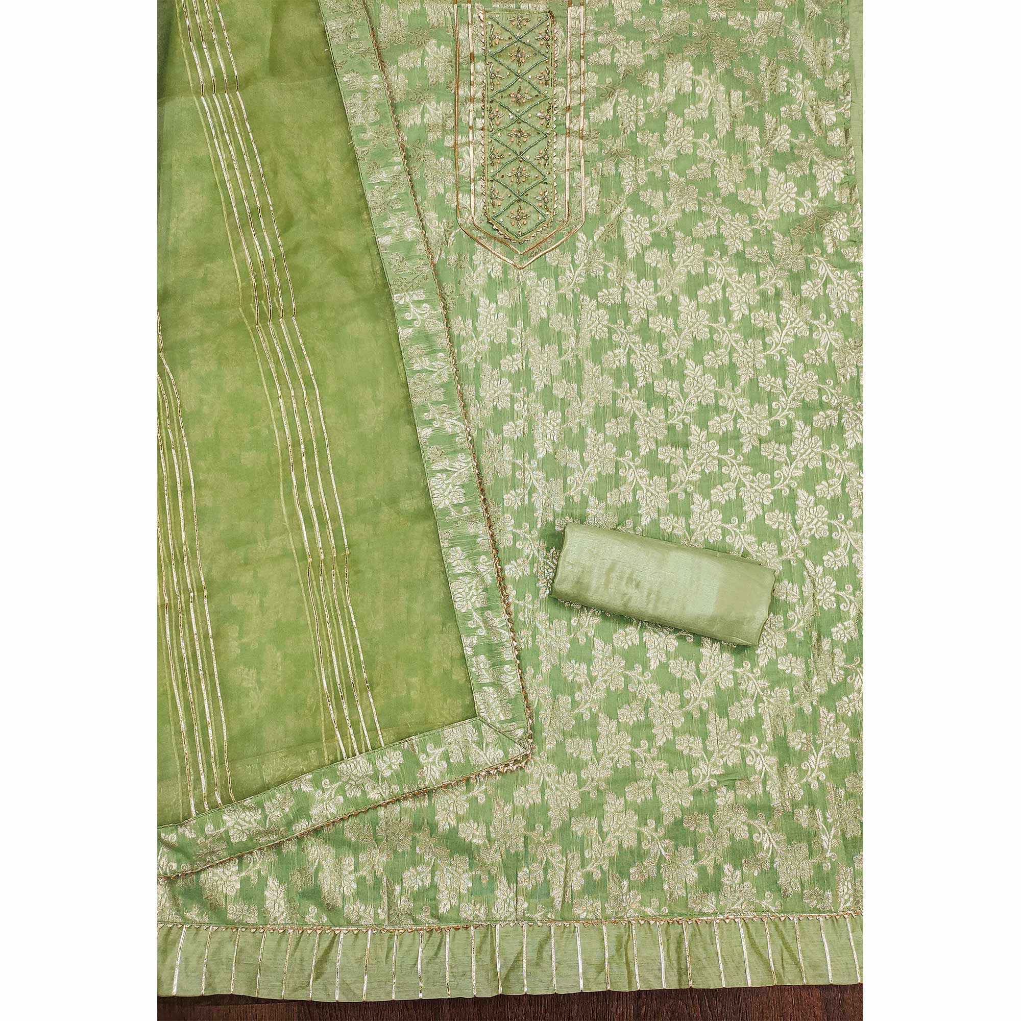 Green Woven With Handwork Jacquard Dress Material