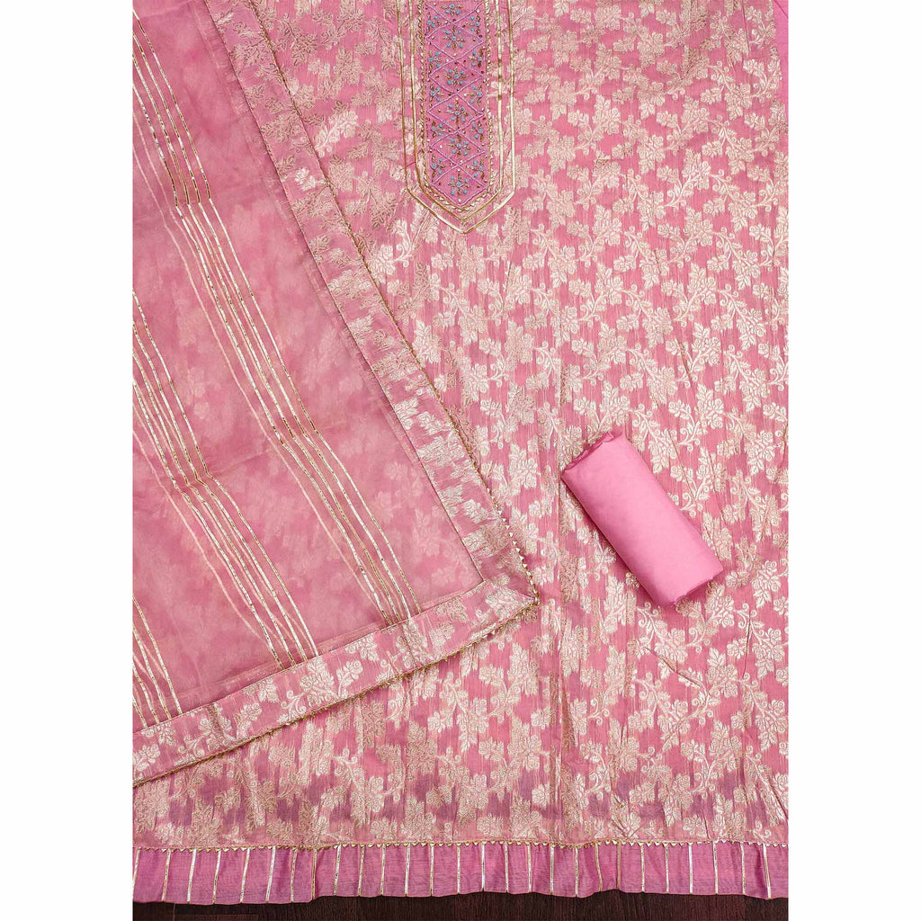 Pink Woven With Handwork Jacquard Dress Material