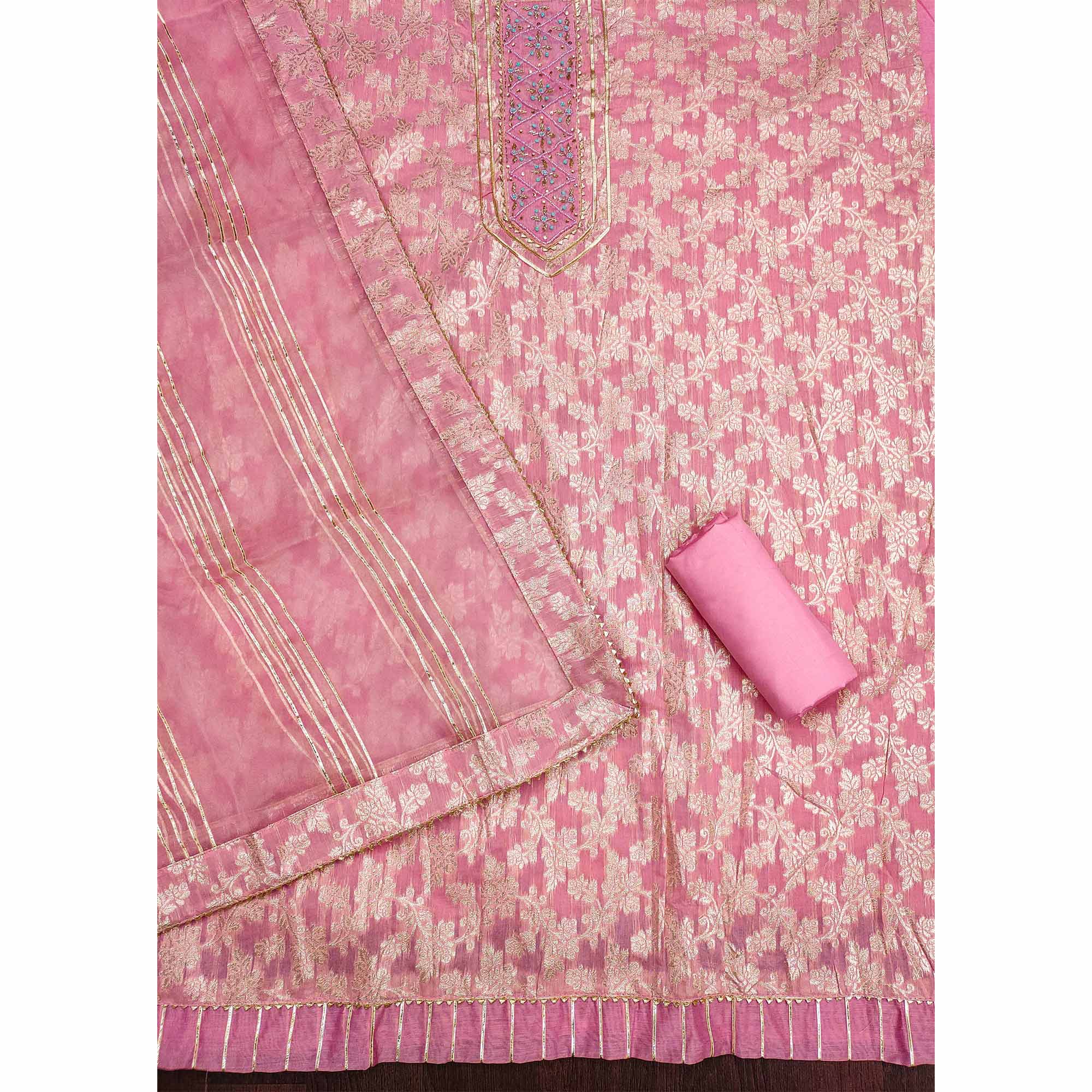 Pink Woven With Handwork Jacquard Dress Material