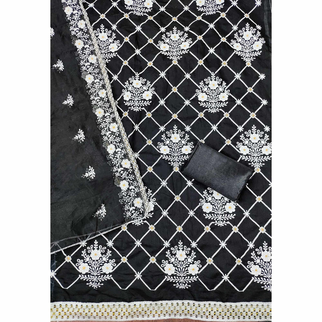 Black Floral Embroidered Chanderi Cotton Dress Material