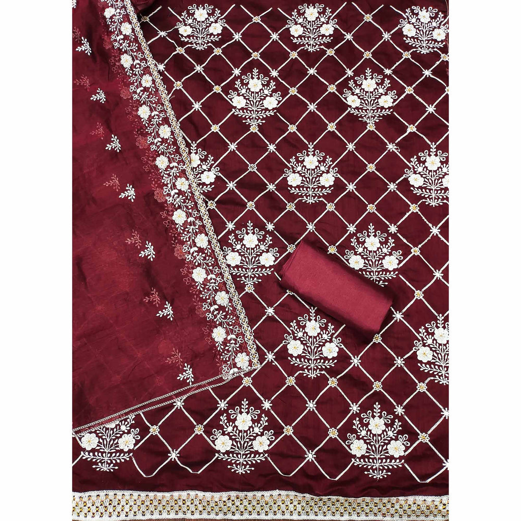 Maroon Floral Embroidered Chanderi Cotton Dress Material