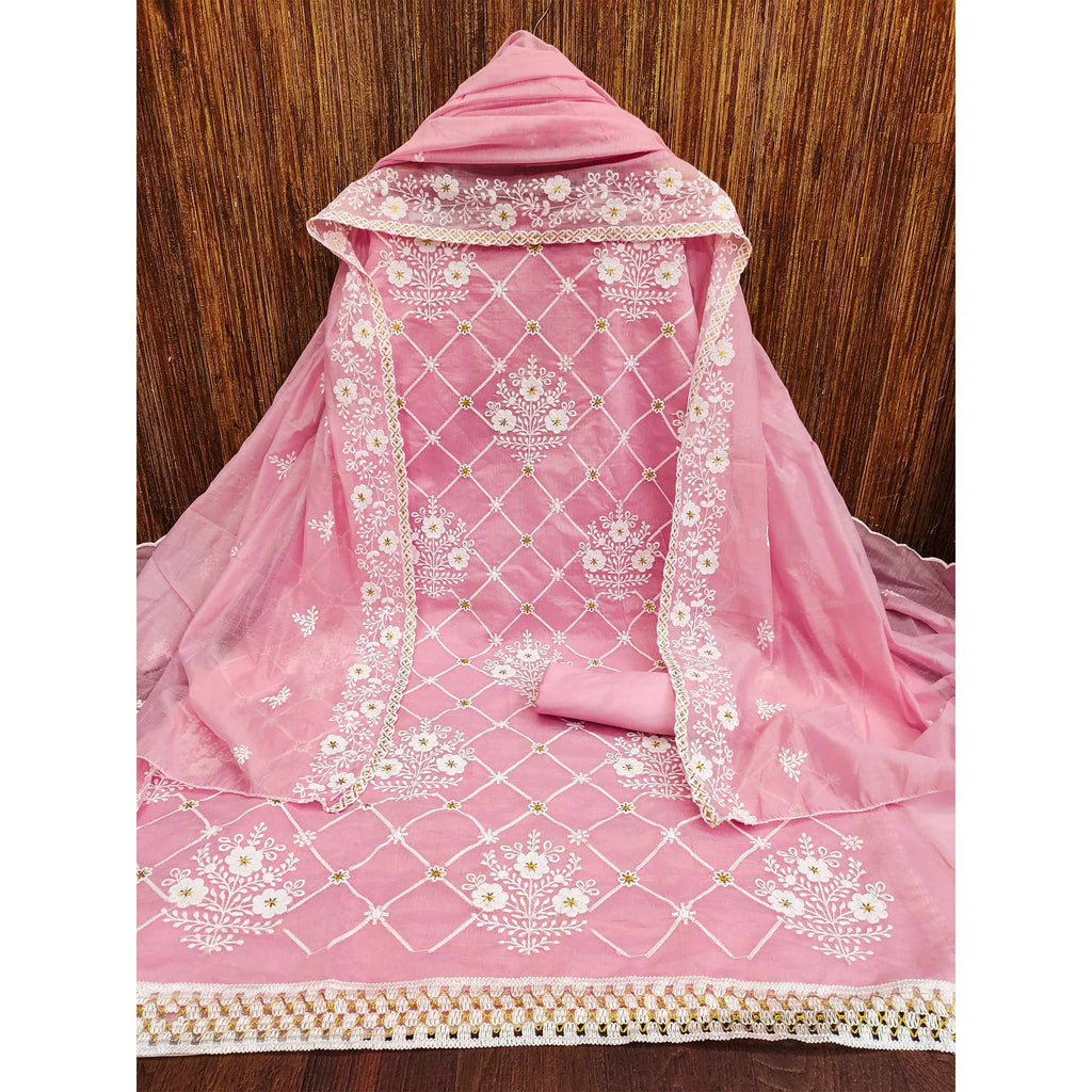 Pink Floral Embroidered Chanderi Cotton Dress Material