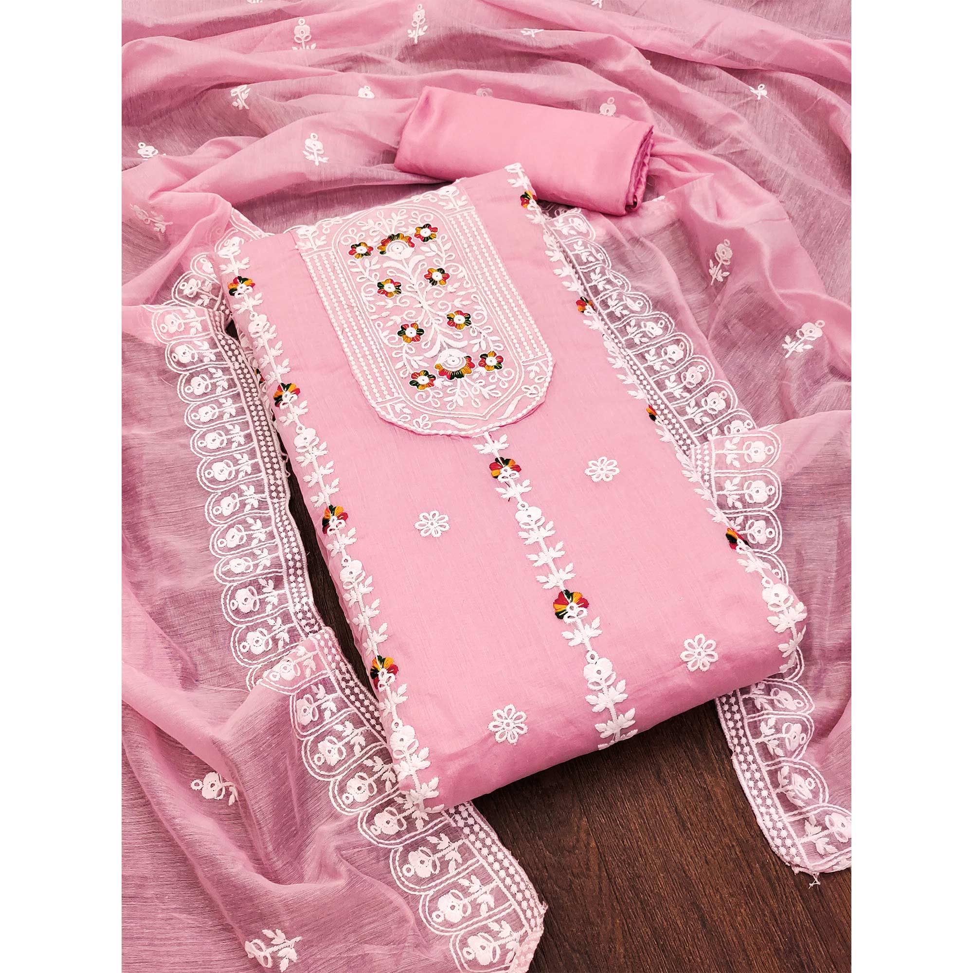 Baby Pink Floral Embroidered Chanderi Cotton Dress Material