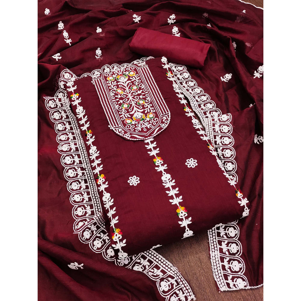 Maroon Floral Embroidered Chanderi Cotton Dress Material