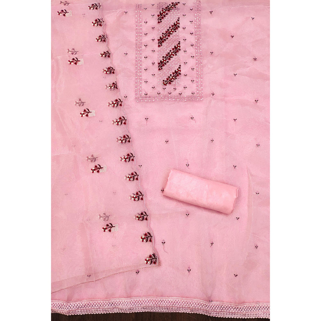 Baby Pink Floral Sequins Embroidered Organza Dress Material
