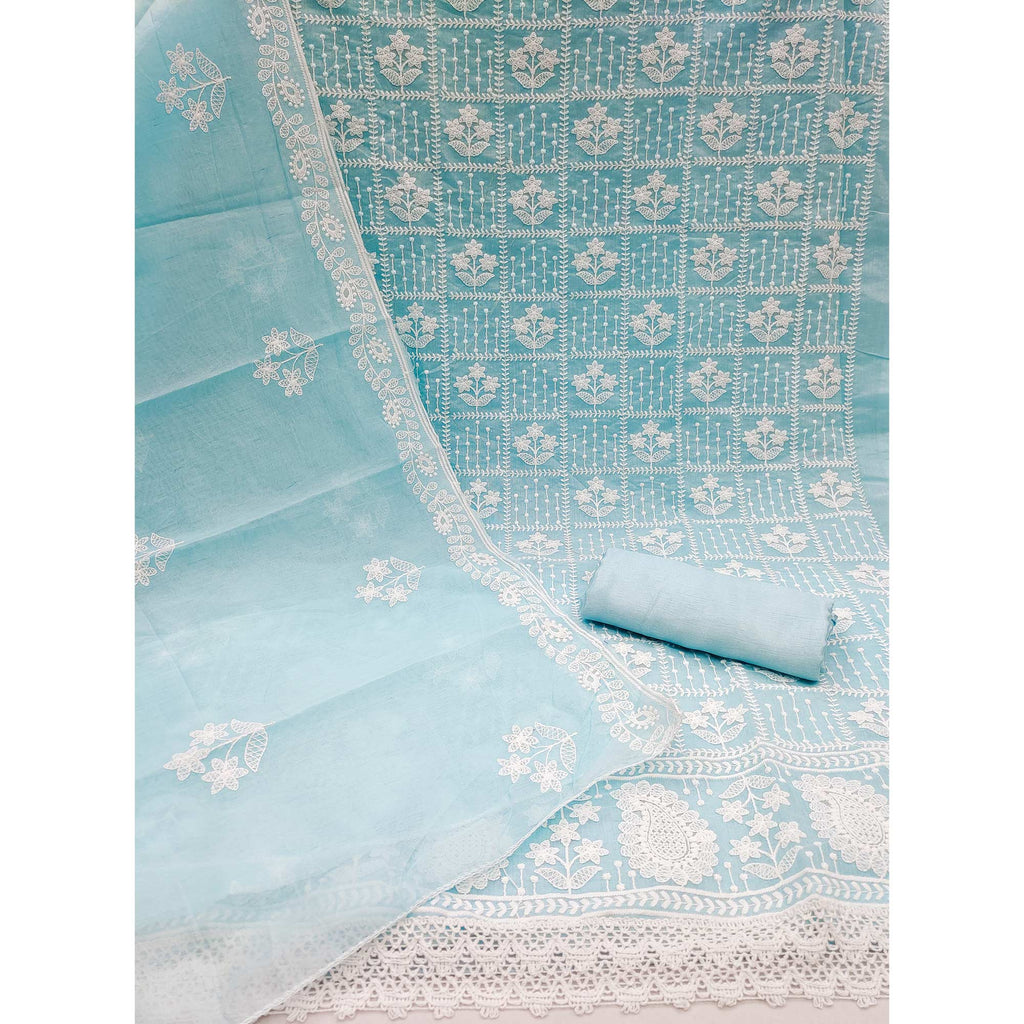 Blue Floral Embroidered Chanderi Cotton Dress Material