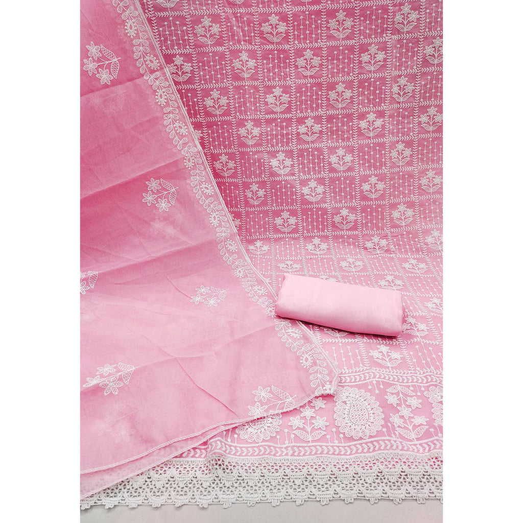 Light Pink Floral Embroidered Chanderi Cotton Dress Material