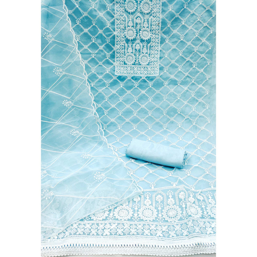 Blue Floral Embroidered Organza Dress Material