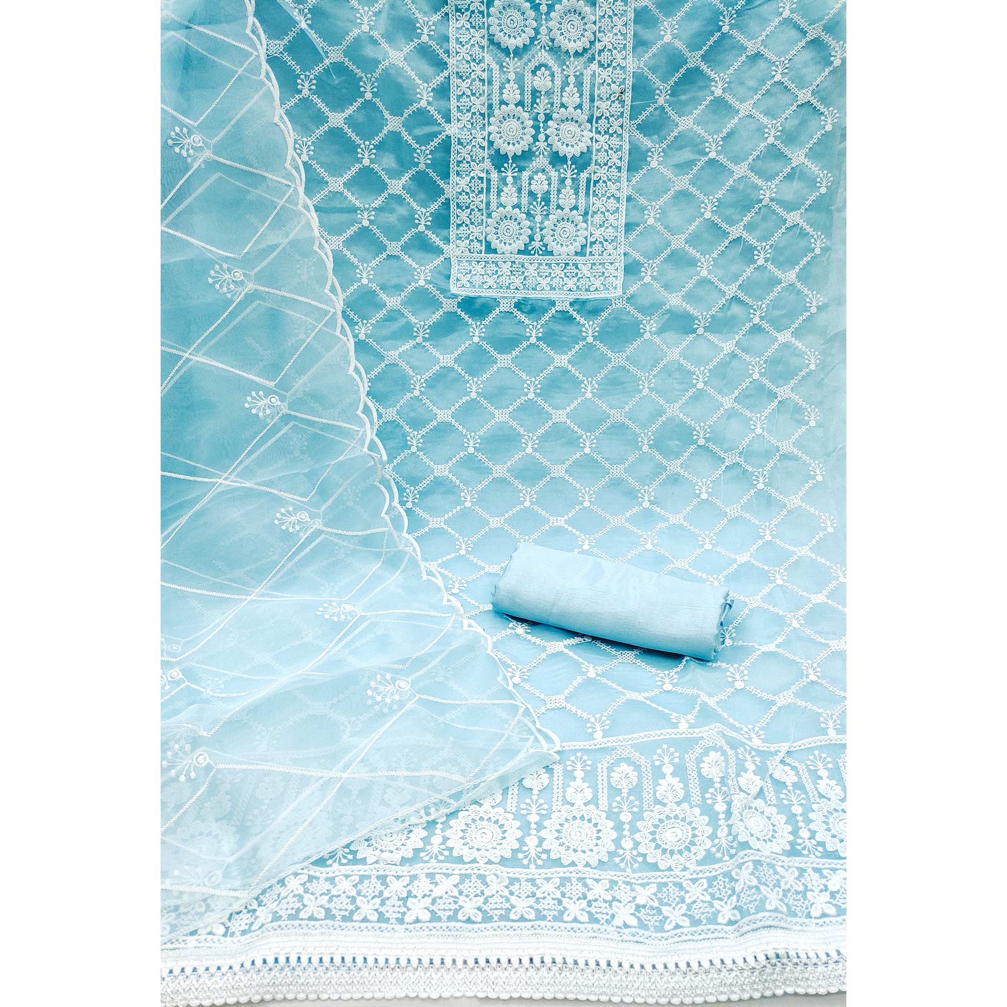 Blue Floral Embroidered Organza Dress Material