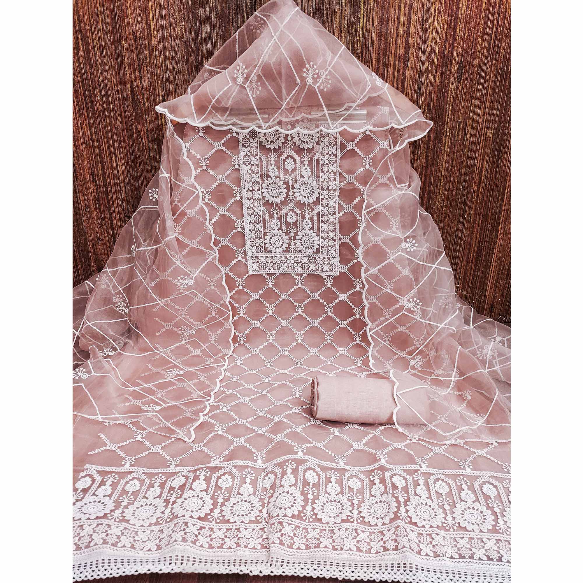 Dusty Pink Sheer Organza Suit Material with Floral Embroidery Detailing