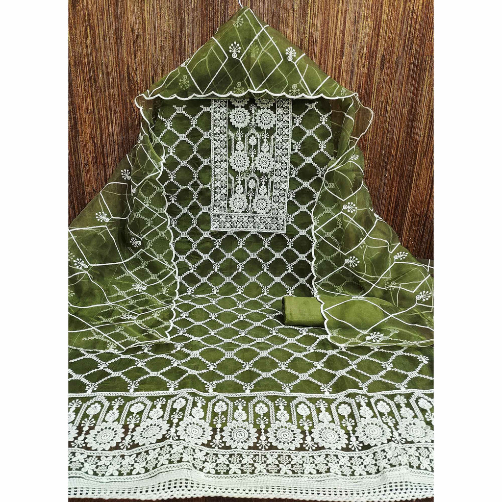 Green Sheer Organza Suit Material with Floral Embroidery Detailing