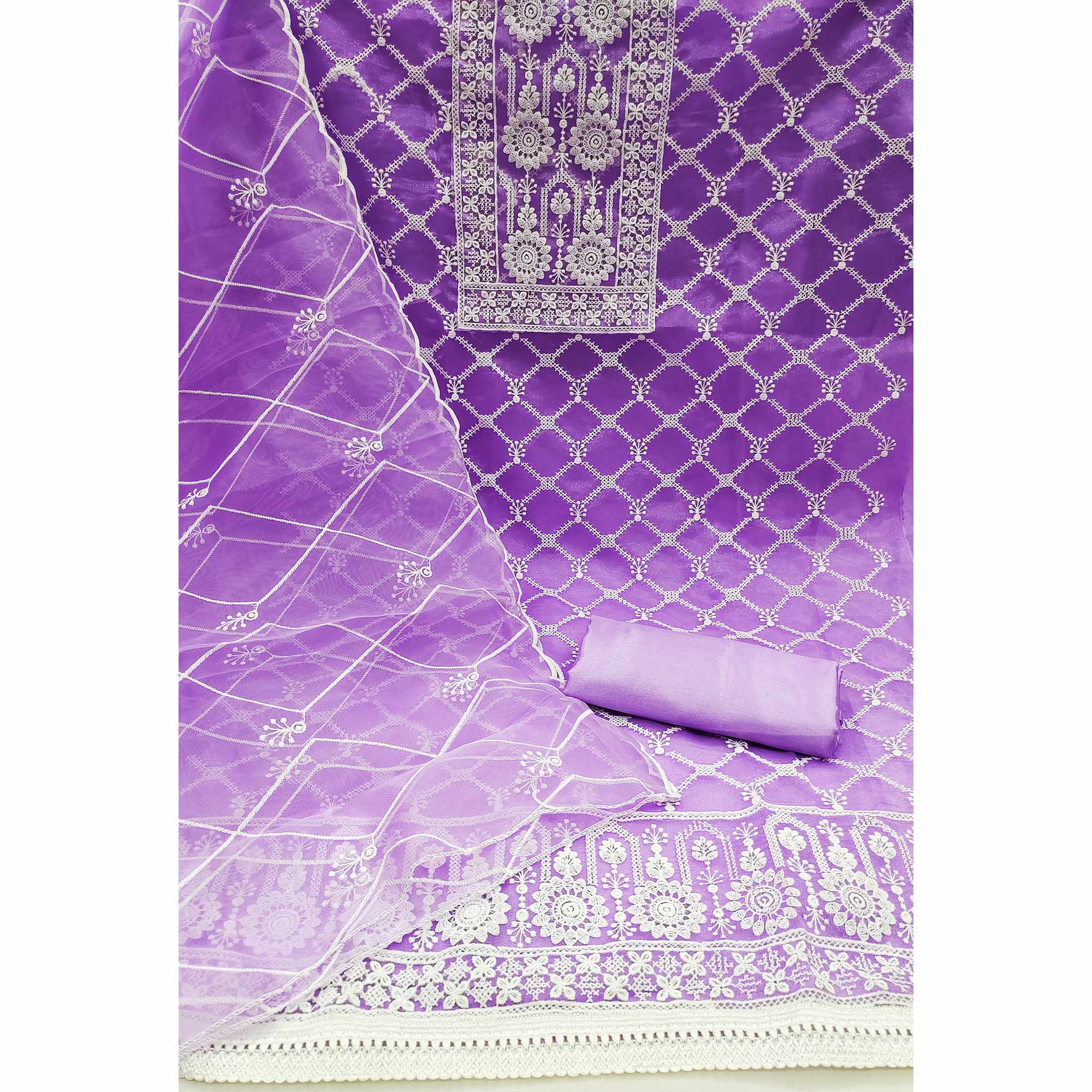 Lavender Floral Embroidered Organza Dress Material
