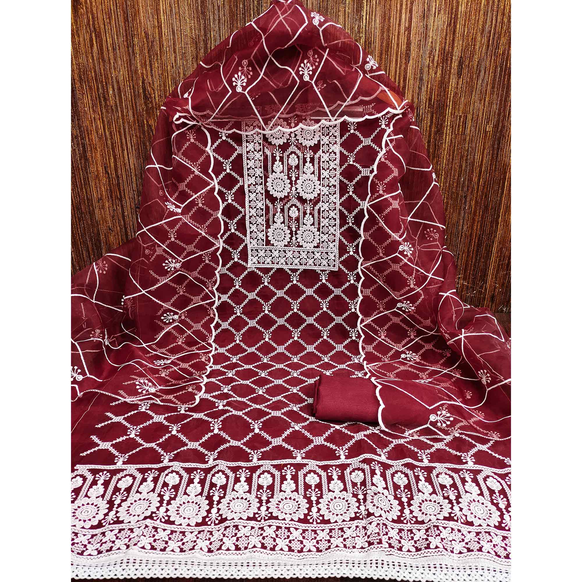 Maroon Sheer Organza Suit Material with Floral Embroidery Detailing
