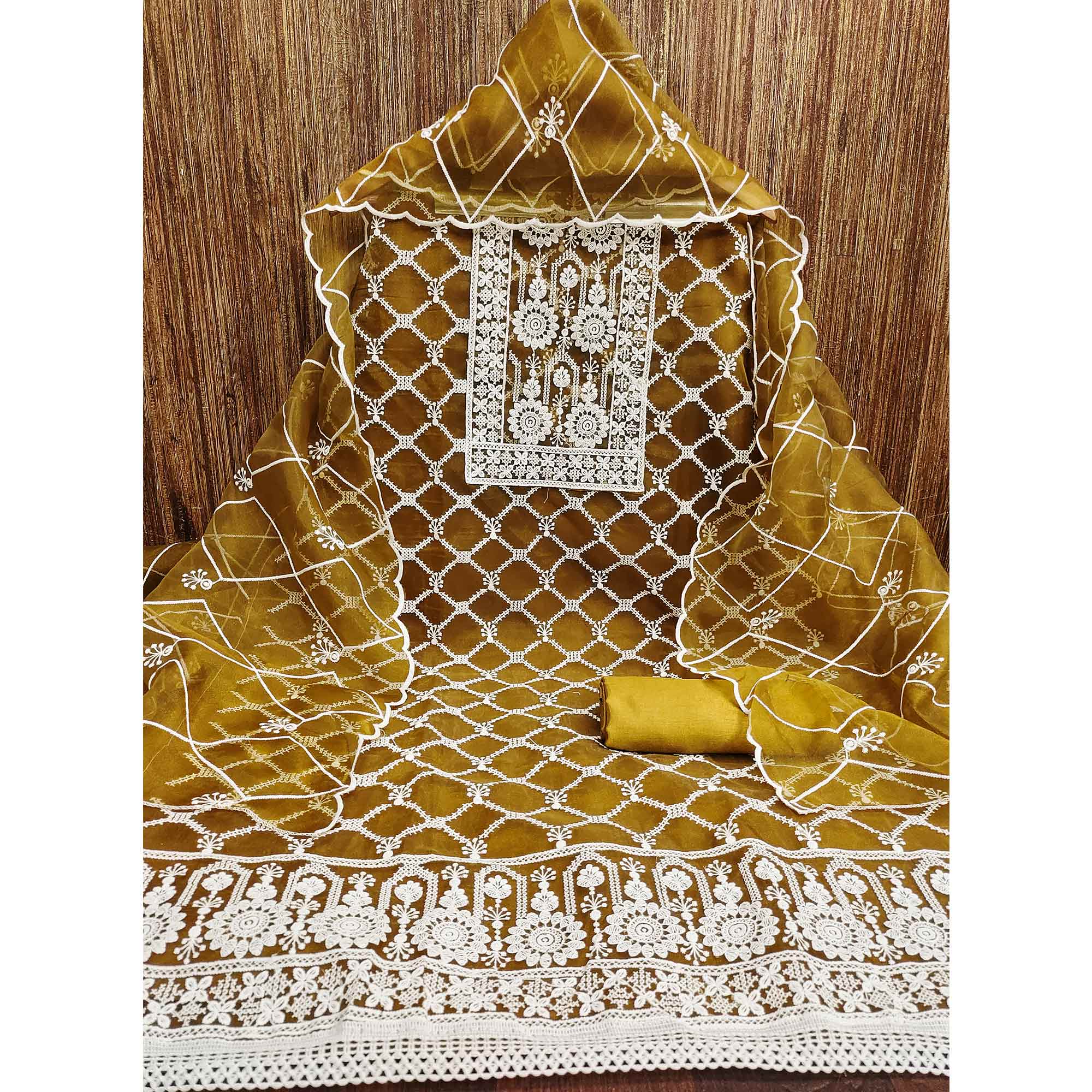 Mustard Sheer Organza Suit Material with Floral Embroidery Detailing