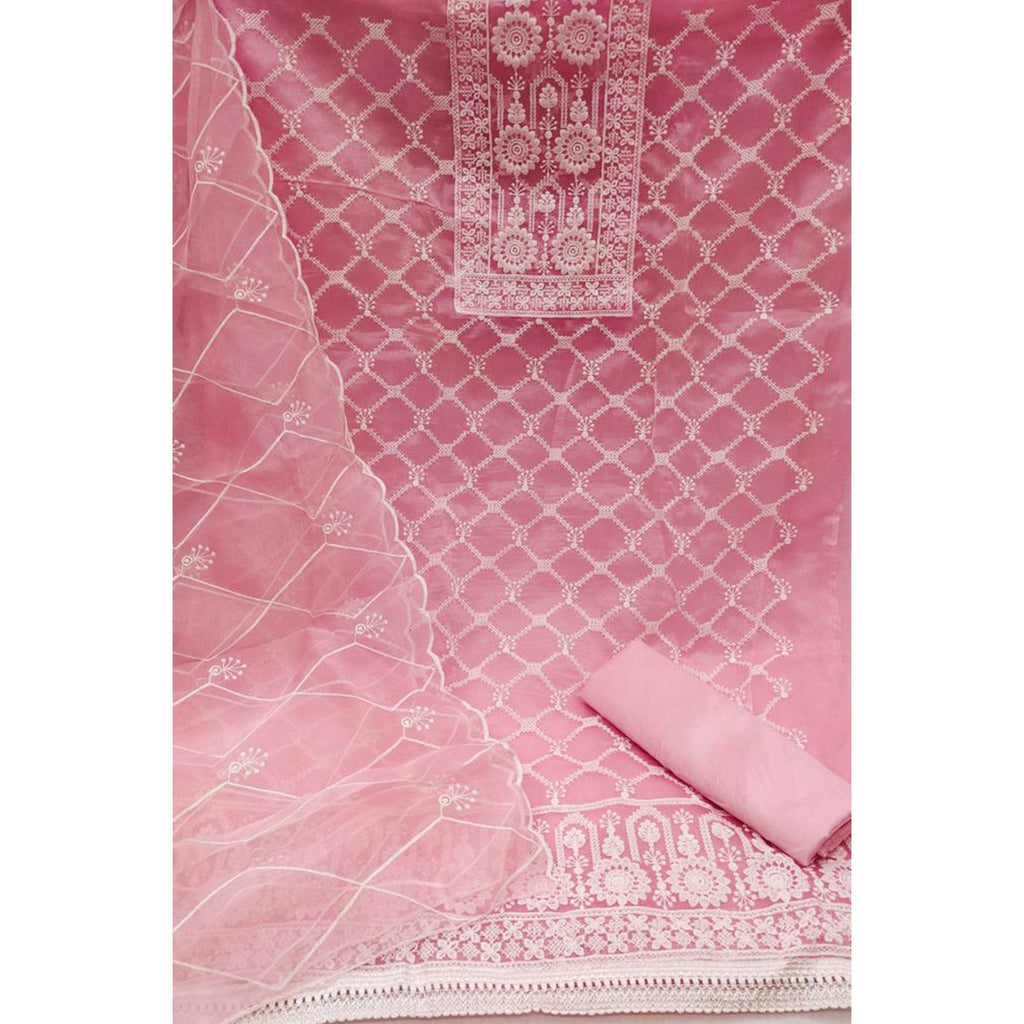 Pink Floral Embroidered Organza Dress Material