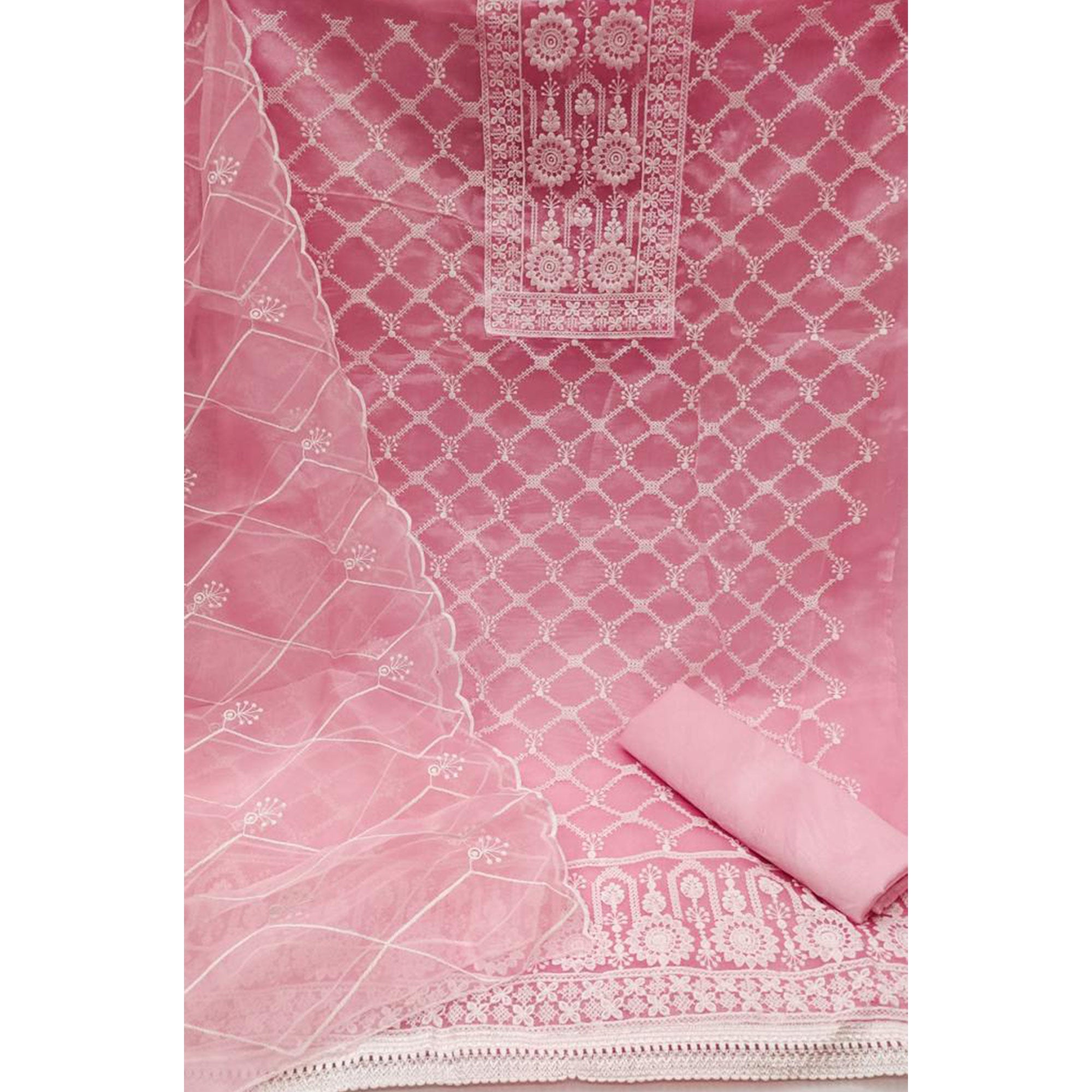 Pink Floral Embroidered Organza Dress Material