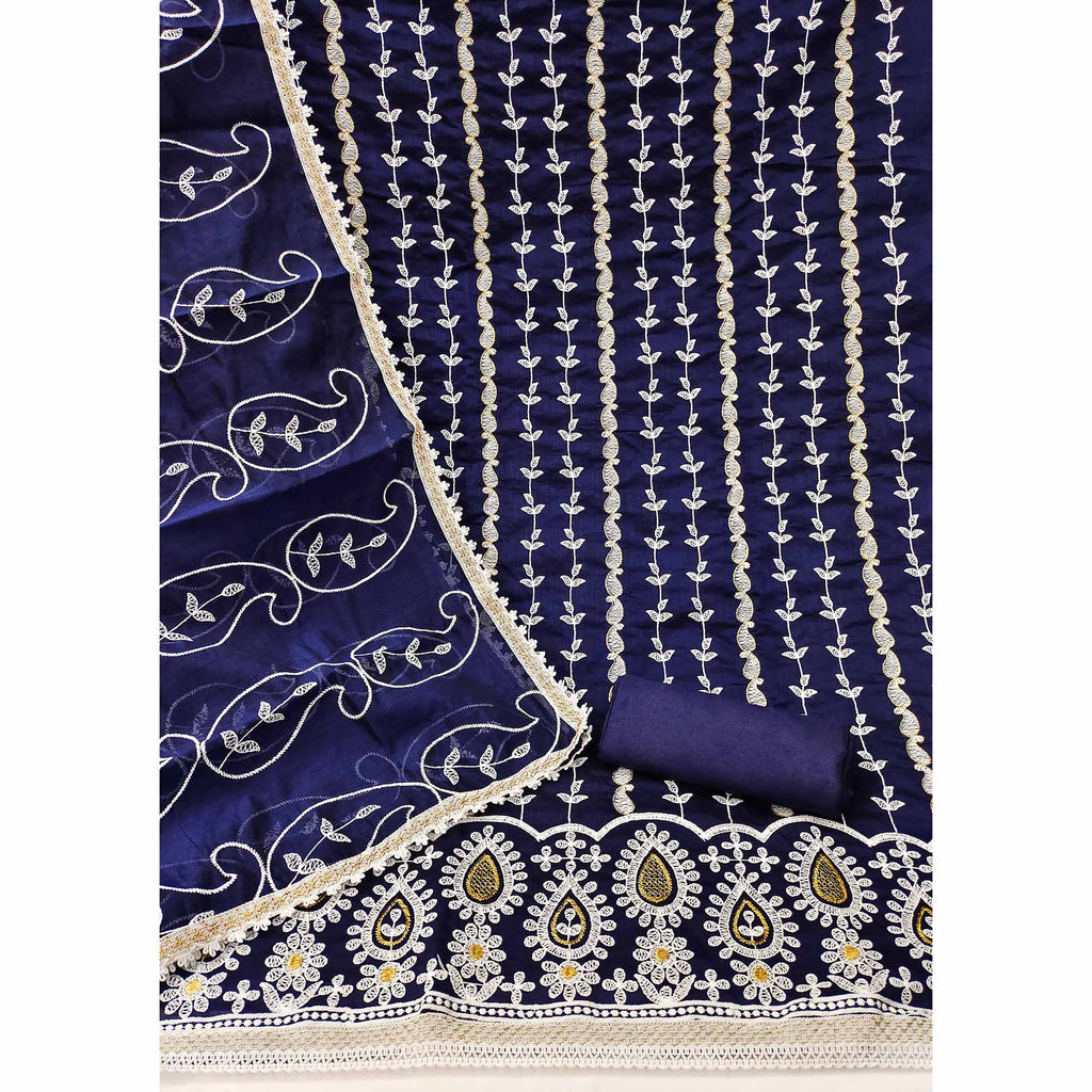Blue Floral Embroidered Chanderi Cotton Dress Material
