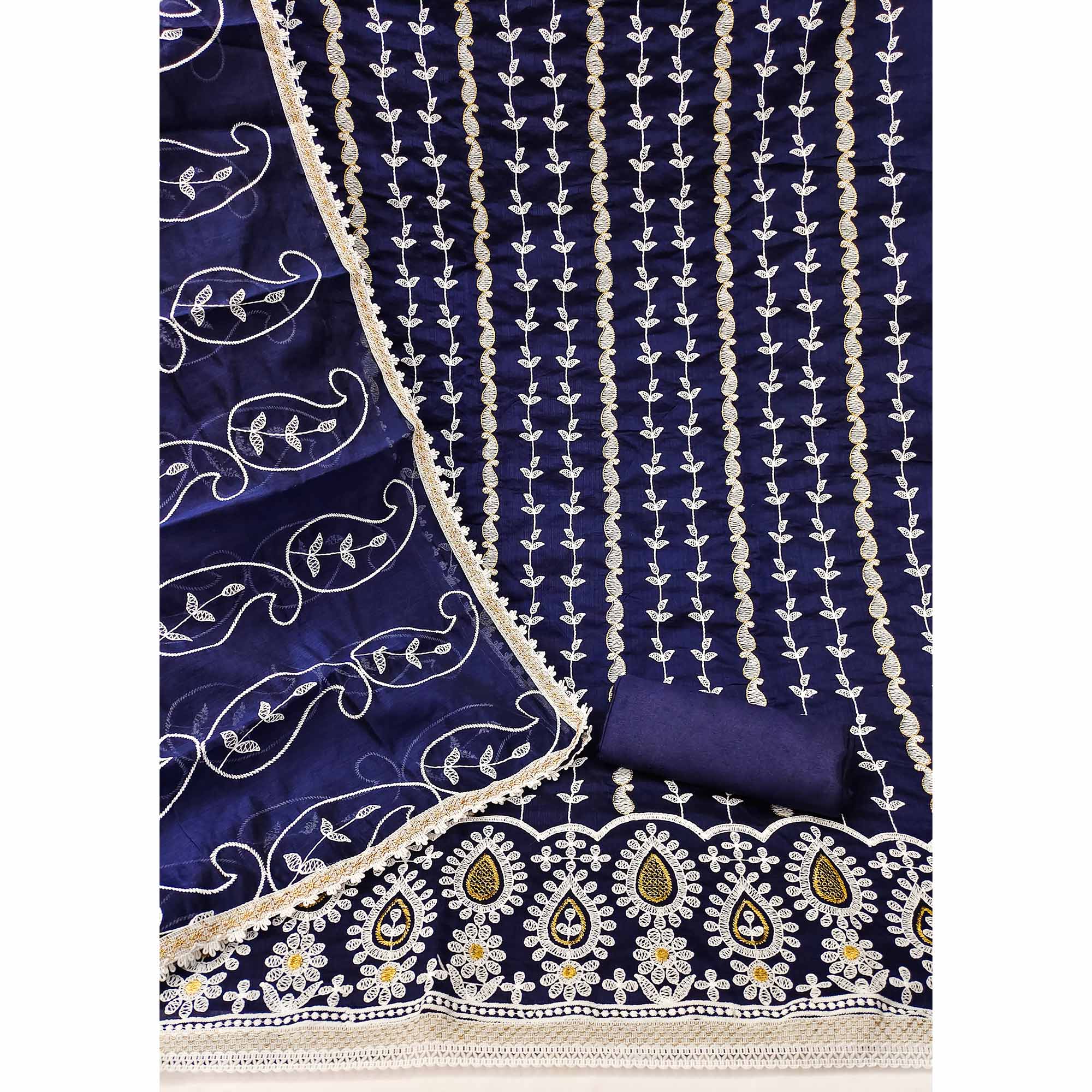 Blue Floral Embroidered Chanderi Cotton Dress Material