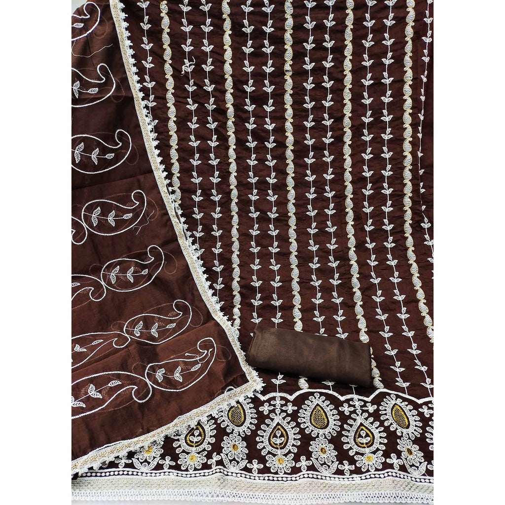 Brown Floral Embroidered Chanderi Cotton Dress Material