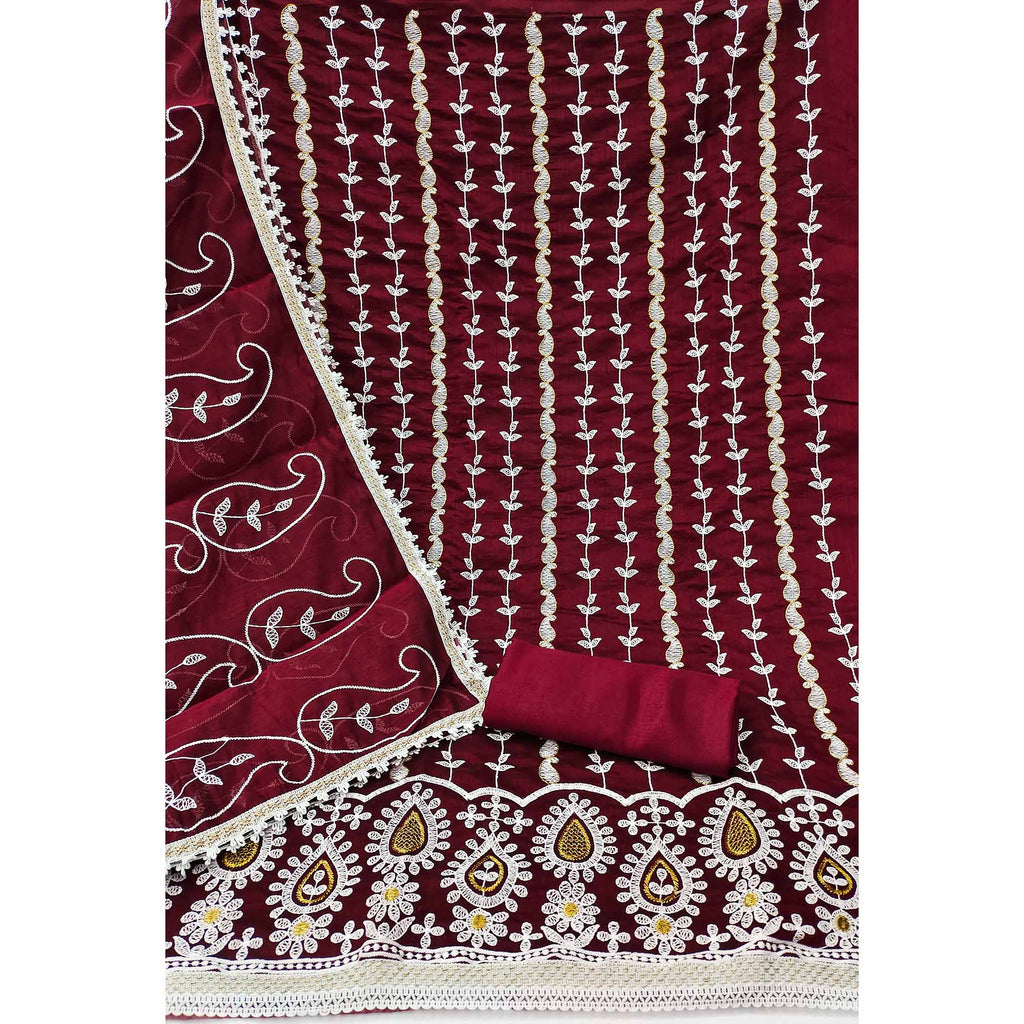 Maroon Floral Embroidered Chanderi Cotton Dress Material