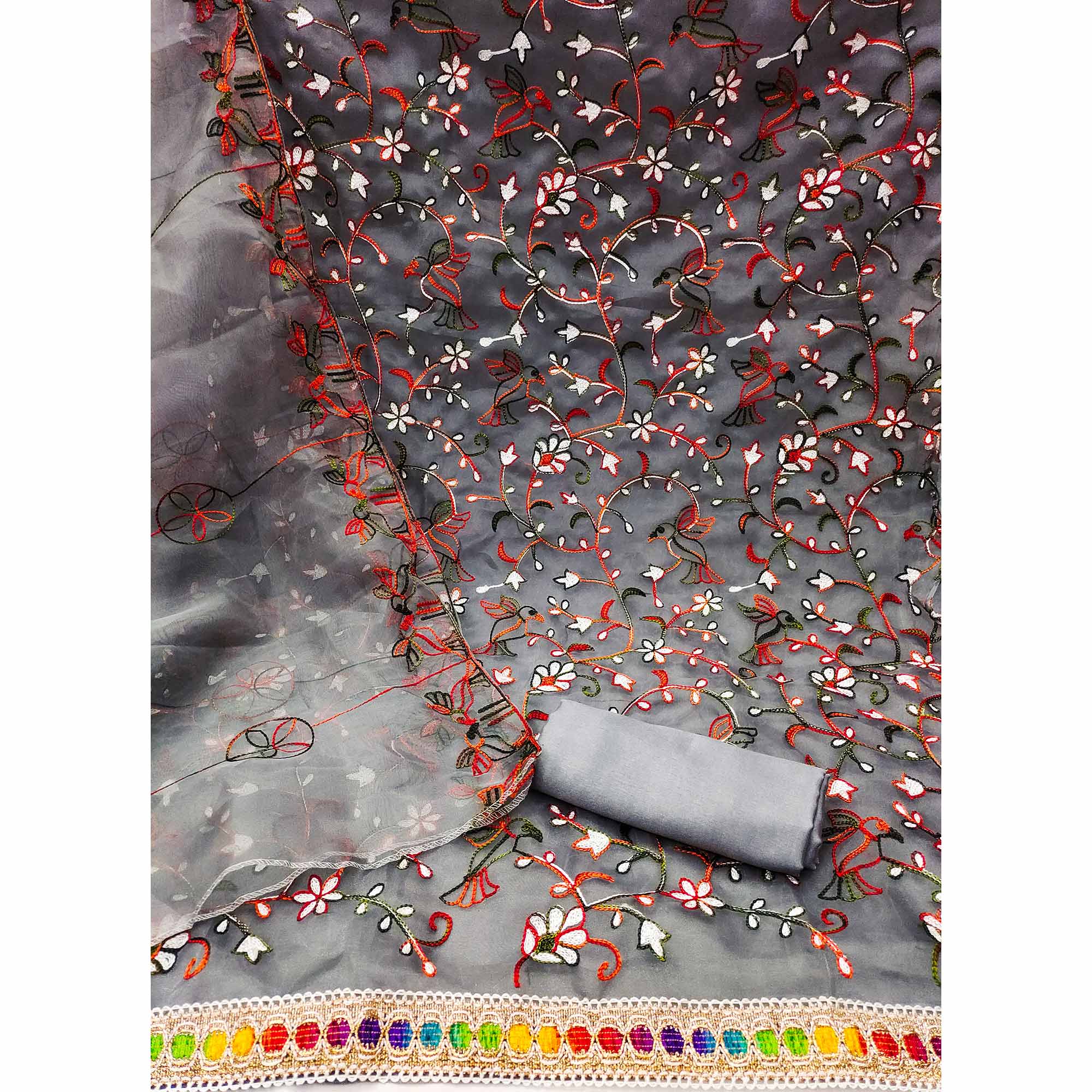 Grey Floral Embroidered Organza Dress Material