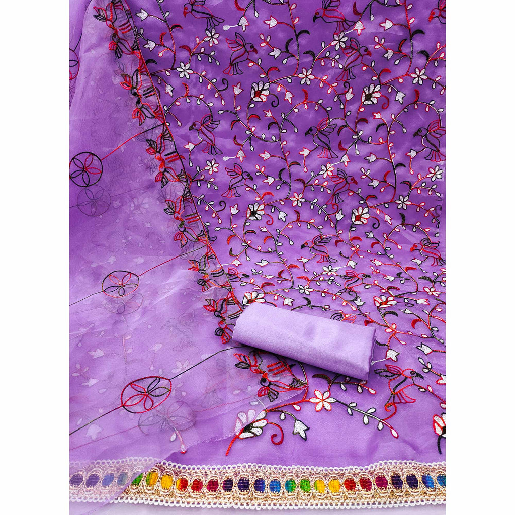 Lavender Floral Embroidered Organza Dress Material