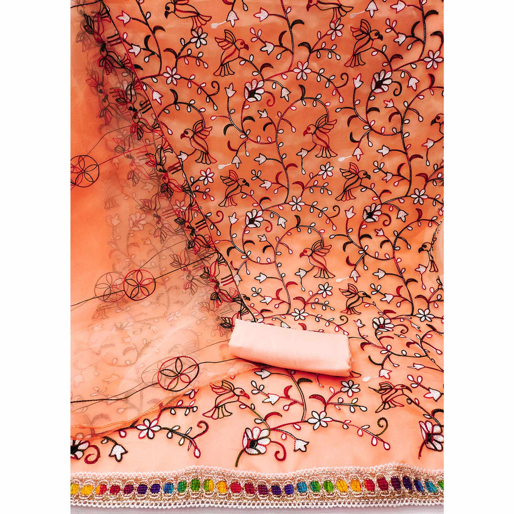 Peach Floral Embroidered Organza Dress Material