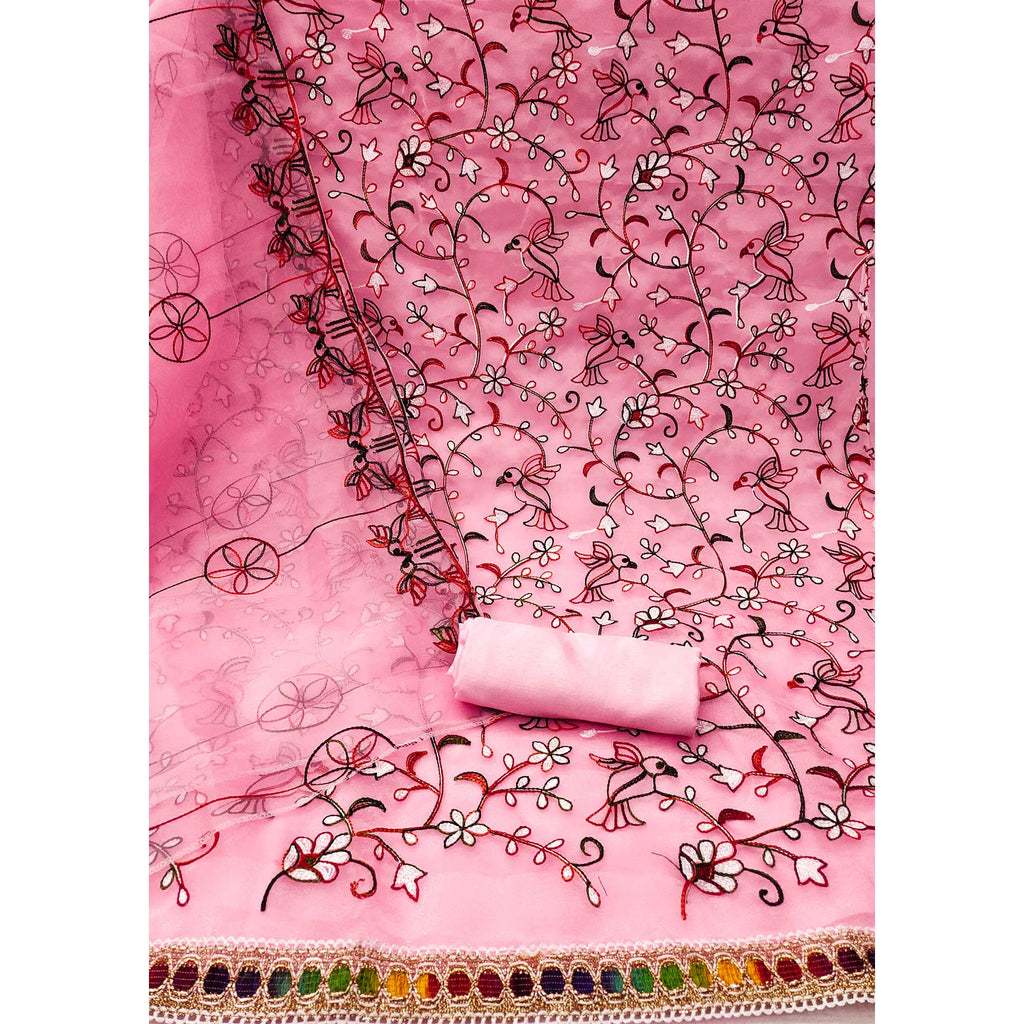 Pink Floral Embroidered Organza Dress Material