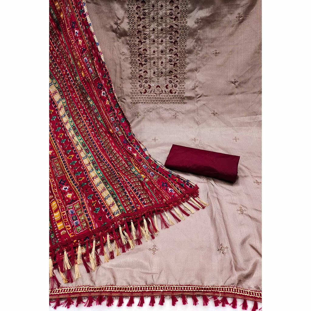 Beige Floral Sequins Embroidered Cotton Silk Dress Material