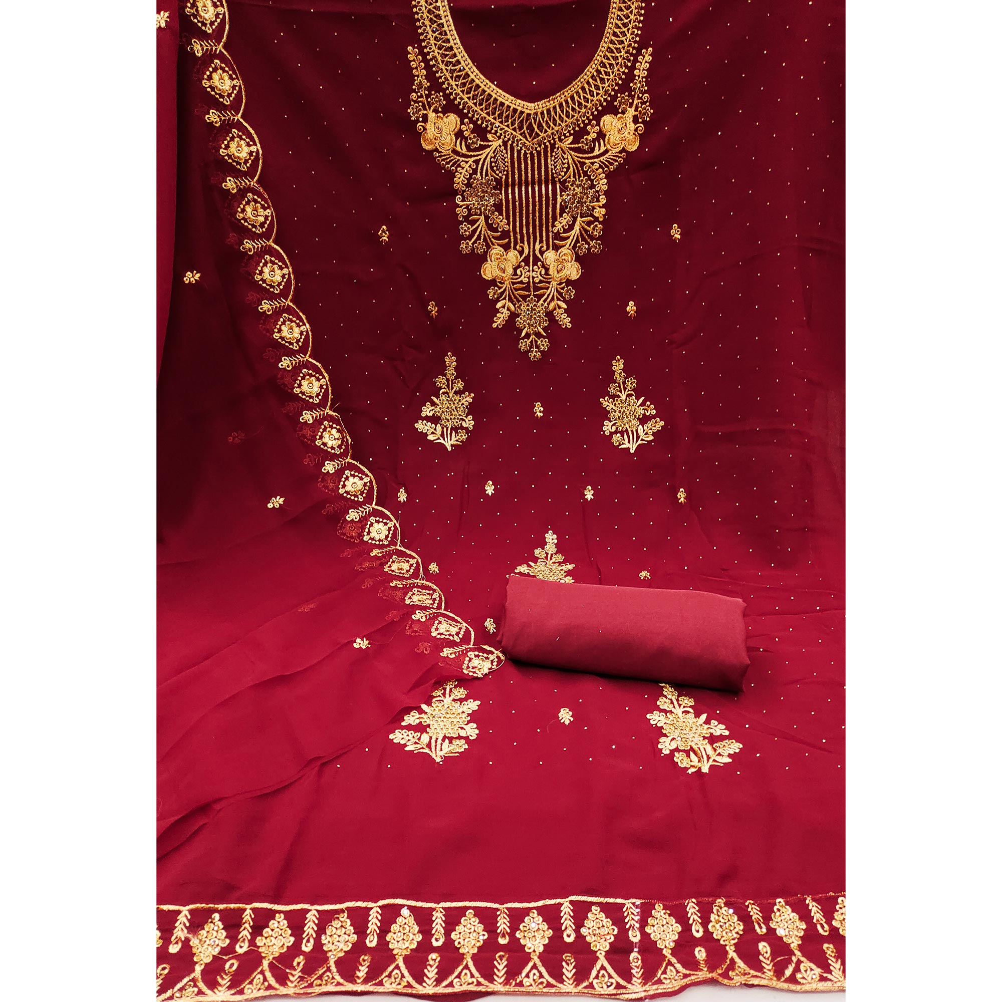 Dark Red Floral Embroidered Georgette Dress Material