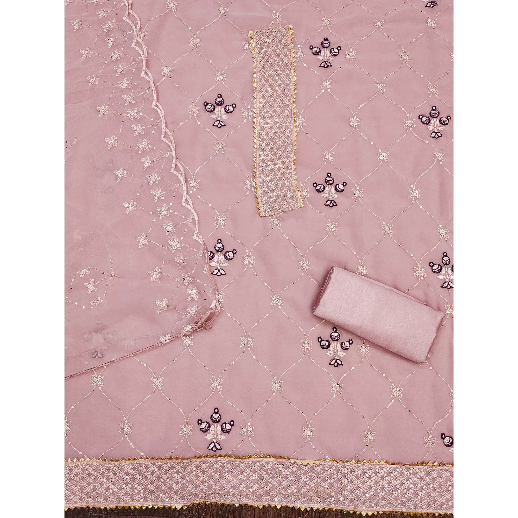 Pink Floral Sequins Embroidered Georgette Dress Material
