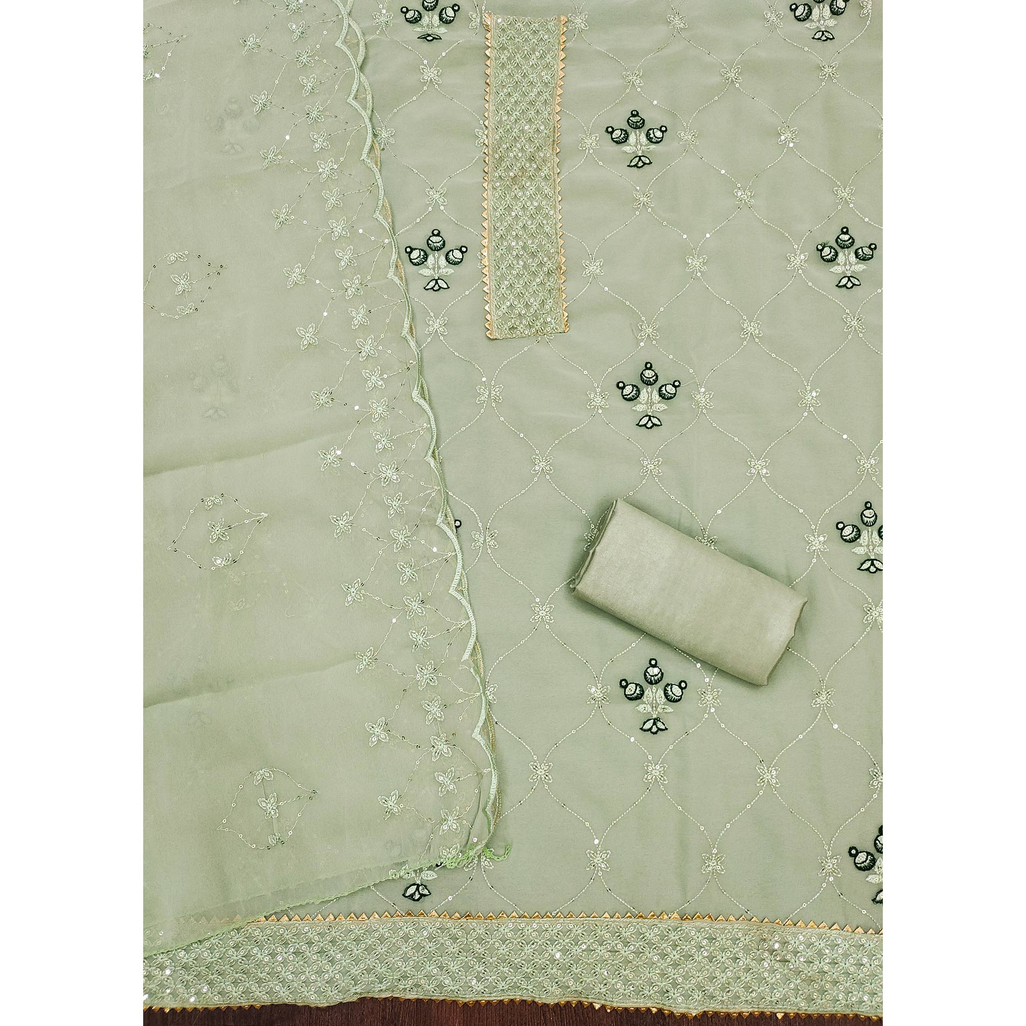 Pista Green Floral Sequins Embroidered Georgette Dress Material