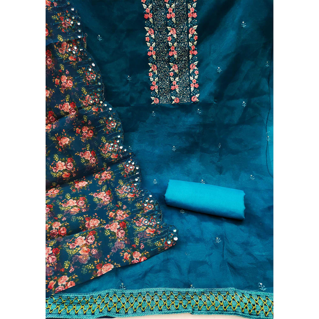 Morpich Blue Organza Dress Material With Glimmering Floral Sequins Embroidery