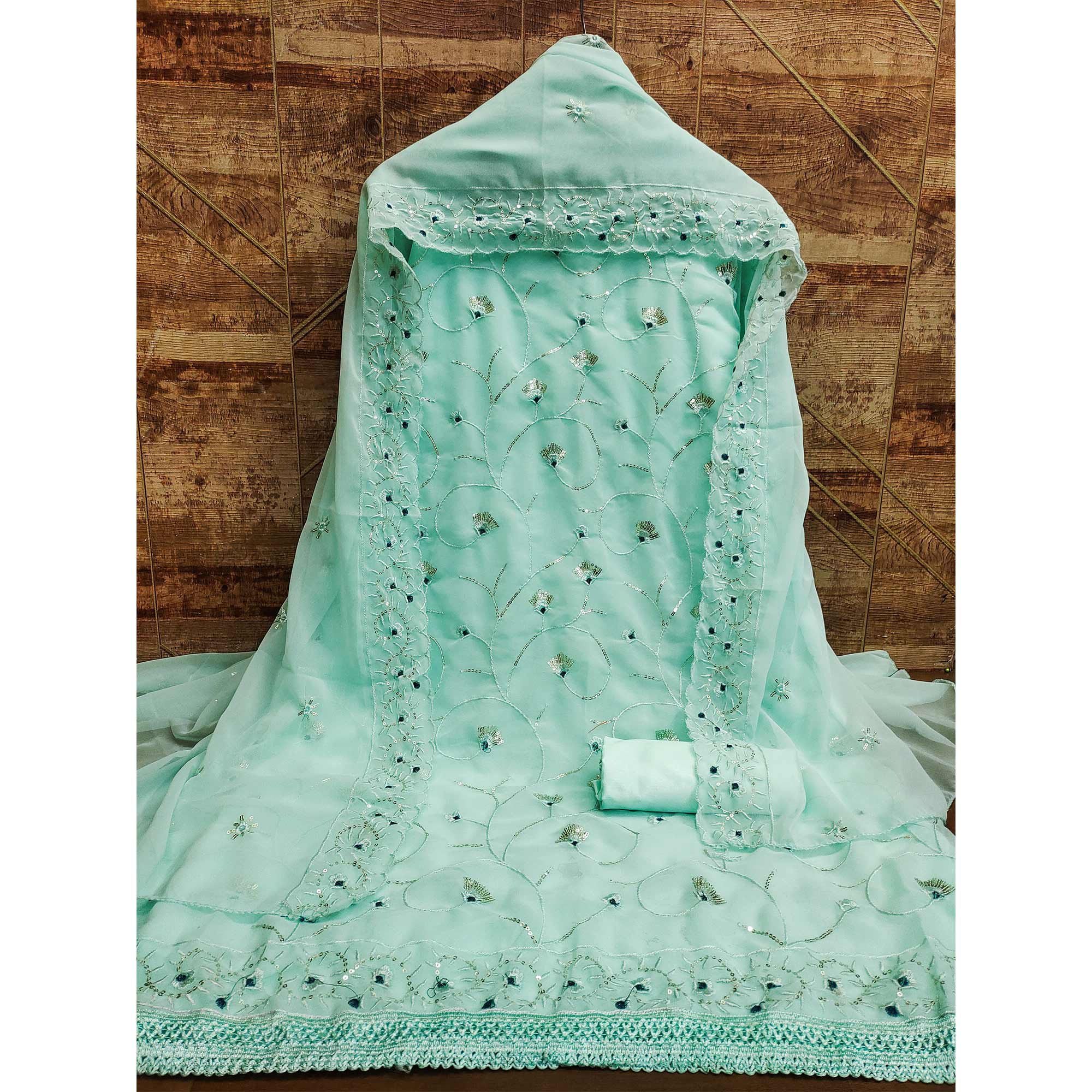 Blue Floral Sequins Embroidered Georgette Dress Material